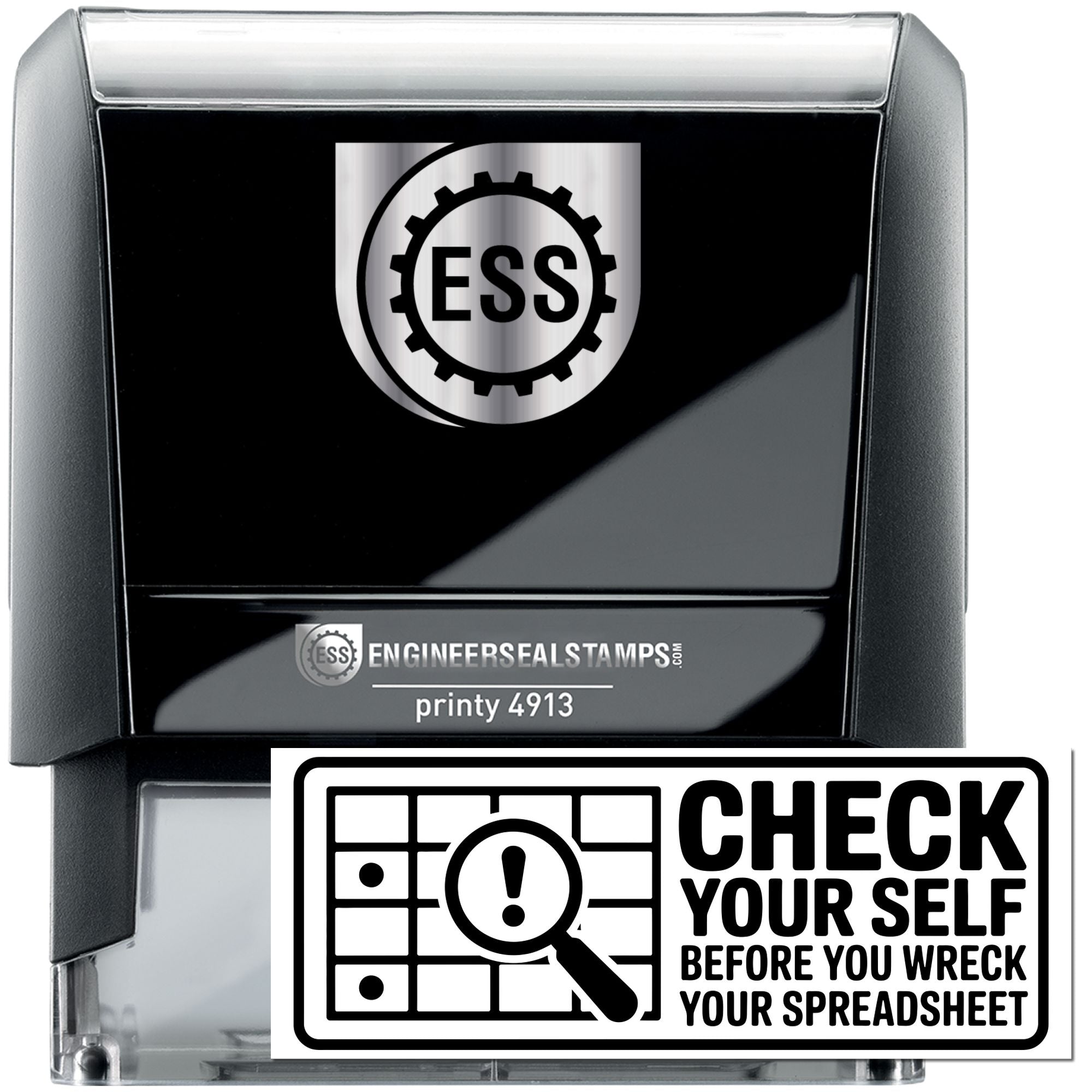 Black and silver ESS engineer seal stamp and self-inking checker stamp with bold white-and-black Check Yourself design.
