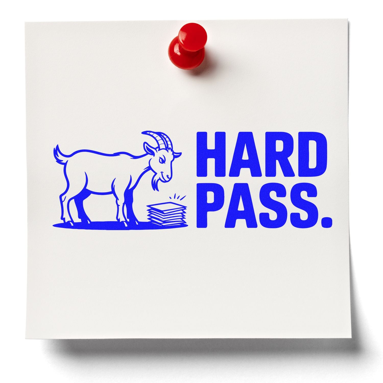 Blue HARD PASS stamp design with goat and paper stack, pinned by a red seal on white card.