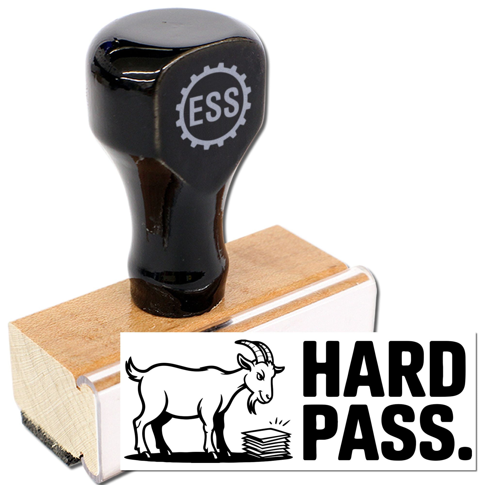 Black rubber stamp and seal with ESS logo, wooden handle, and HARD PASS goat design on white background.