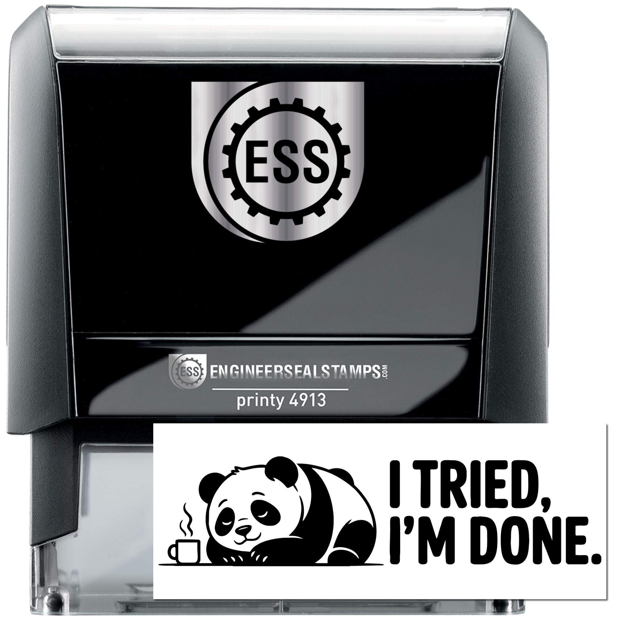 Black self-inking ESS stamp and seal with silver trim, showing a panda I tried, Im done imprint sample.