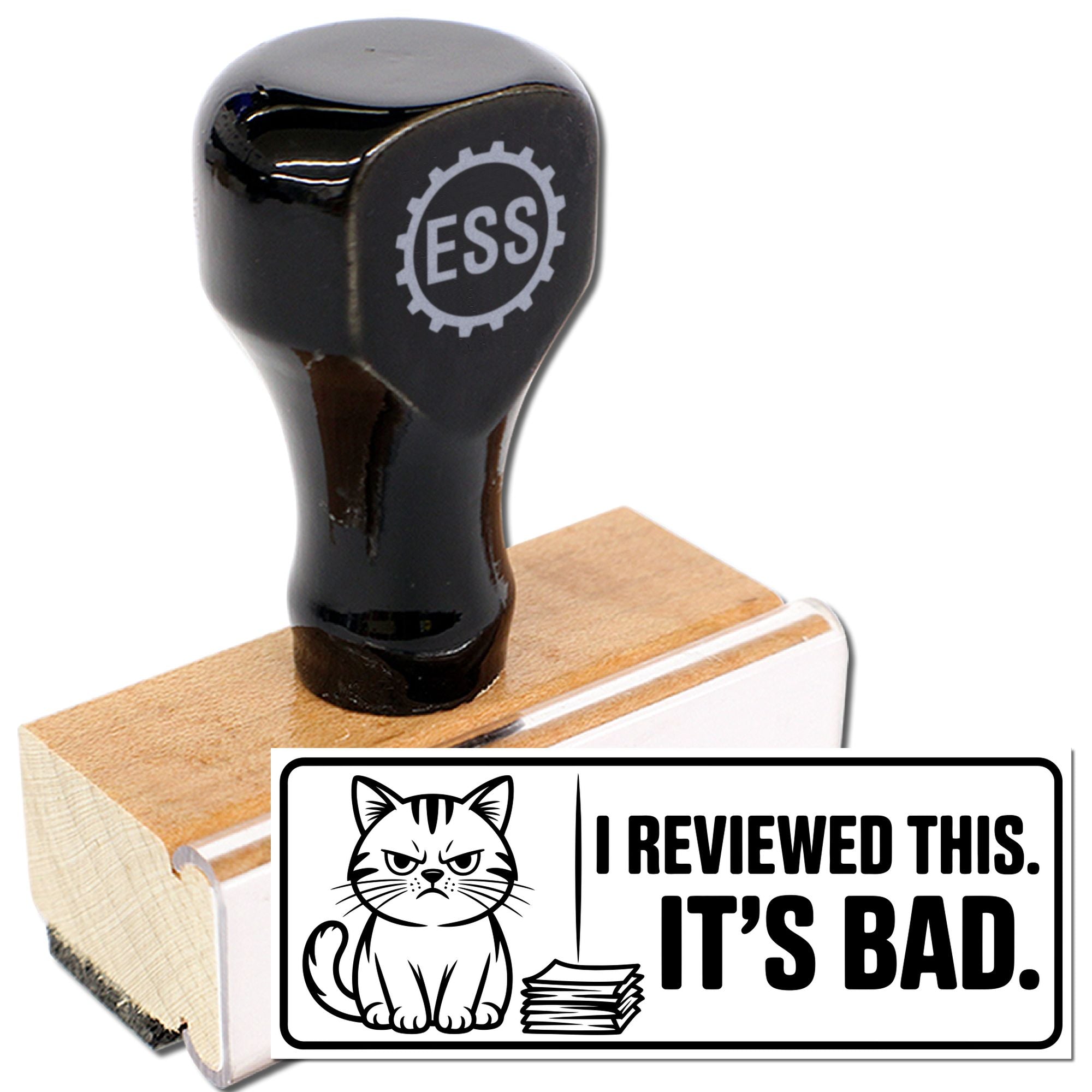 Glossy black custom rubber stamp with wooden handle and cat seal reading I reviewed this. Its bad.