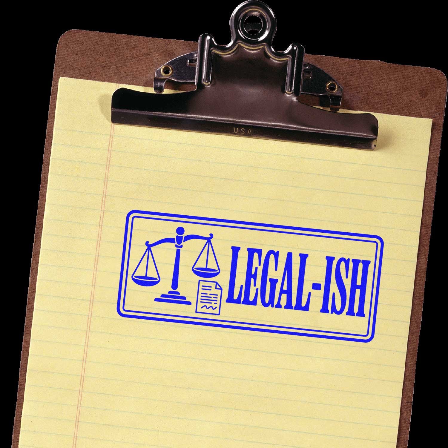 Blue legal-ish rubber stamp seal with scales of justice on a yellow legal pad clipped to a brown clipboard.