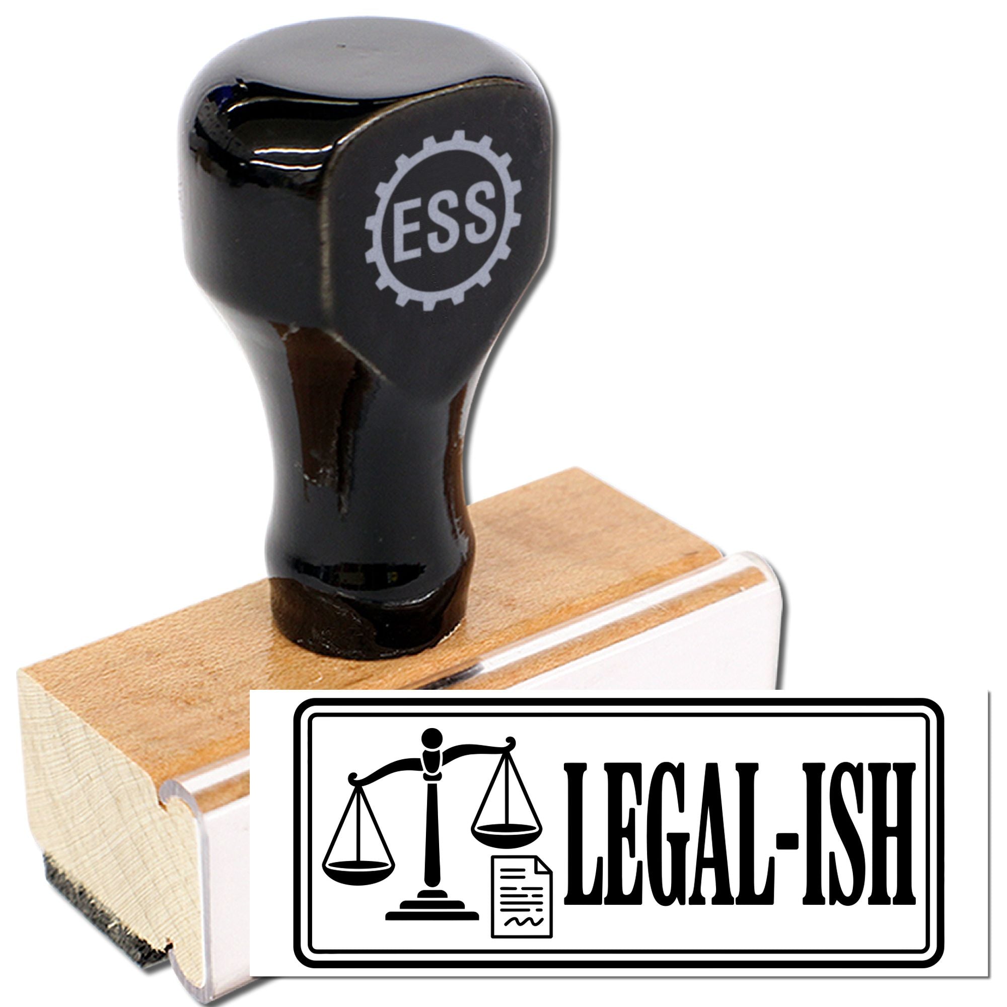 Black rubber stamp and legal seal on wooden block, with ESS logo and bold Legal-ish text
