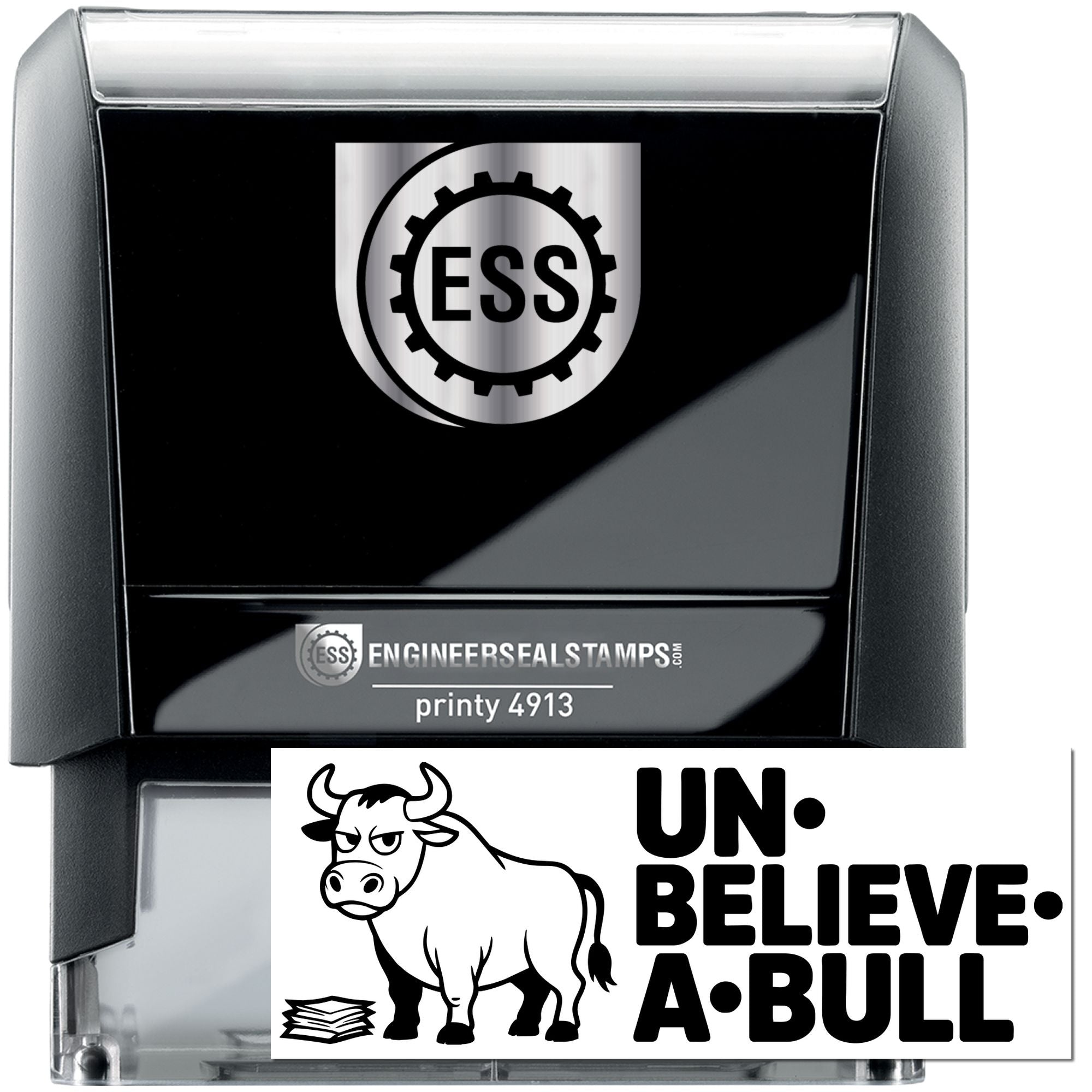 Black self-inking engineer seal stamp with silver top, ESS logo, and cow UN-BELIEVE A-BULL design.