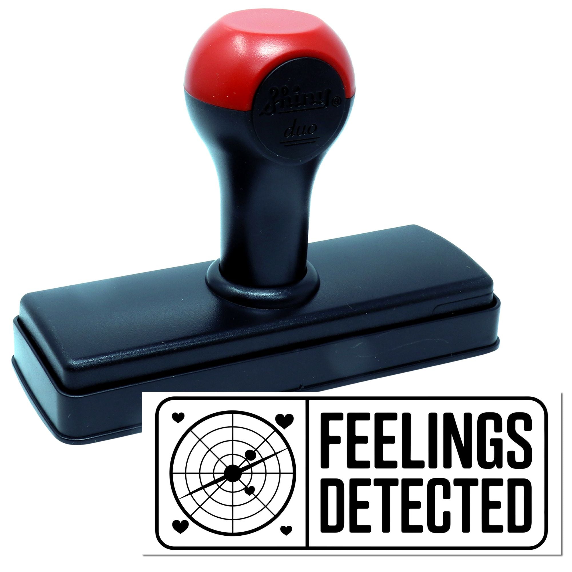 Red and black self-inking stamp and seal with Feelings Detected design, target graphic and hearts on a white background.
