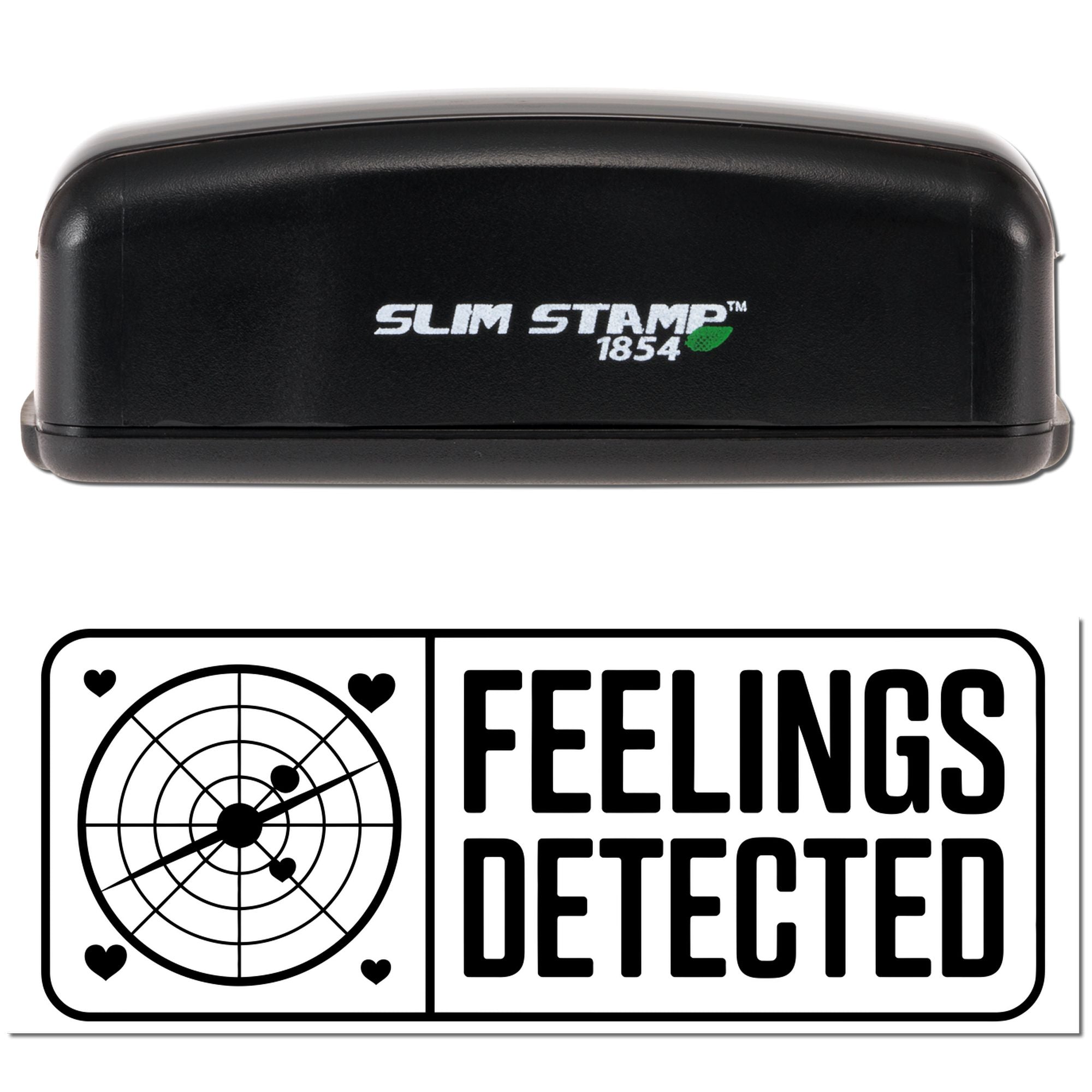 Black Slim Stamp 1854 embosser above a Feelings Detected seal with target and heart icons on white.