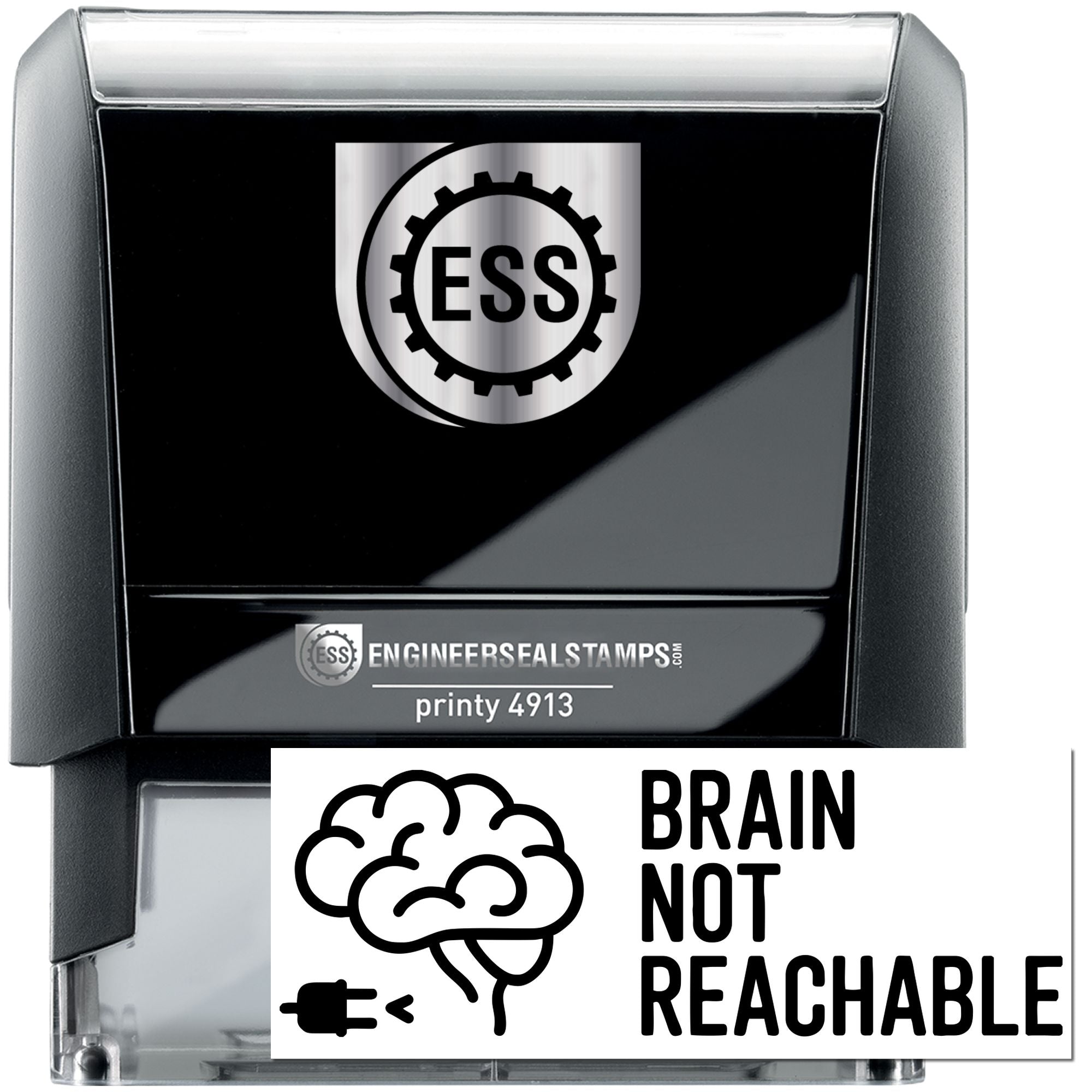 Black self-inking engineer seal stamp with silver top, ESS logo, and Brain Not Reachable brain icon.