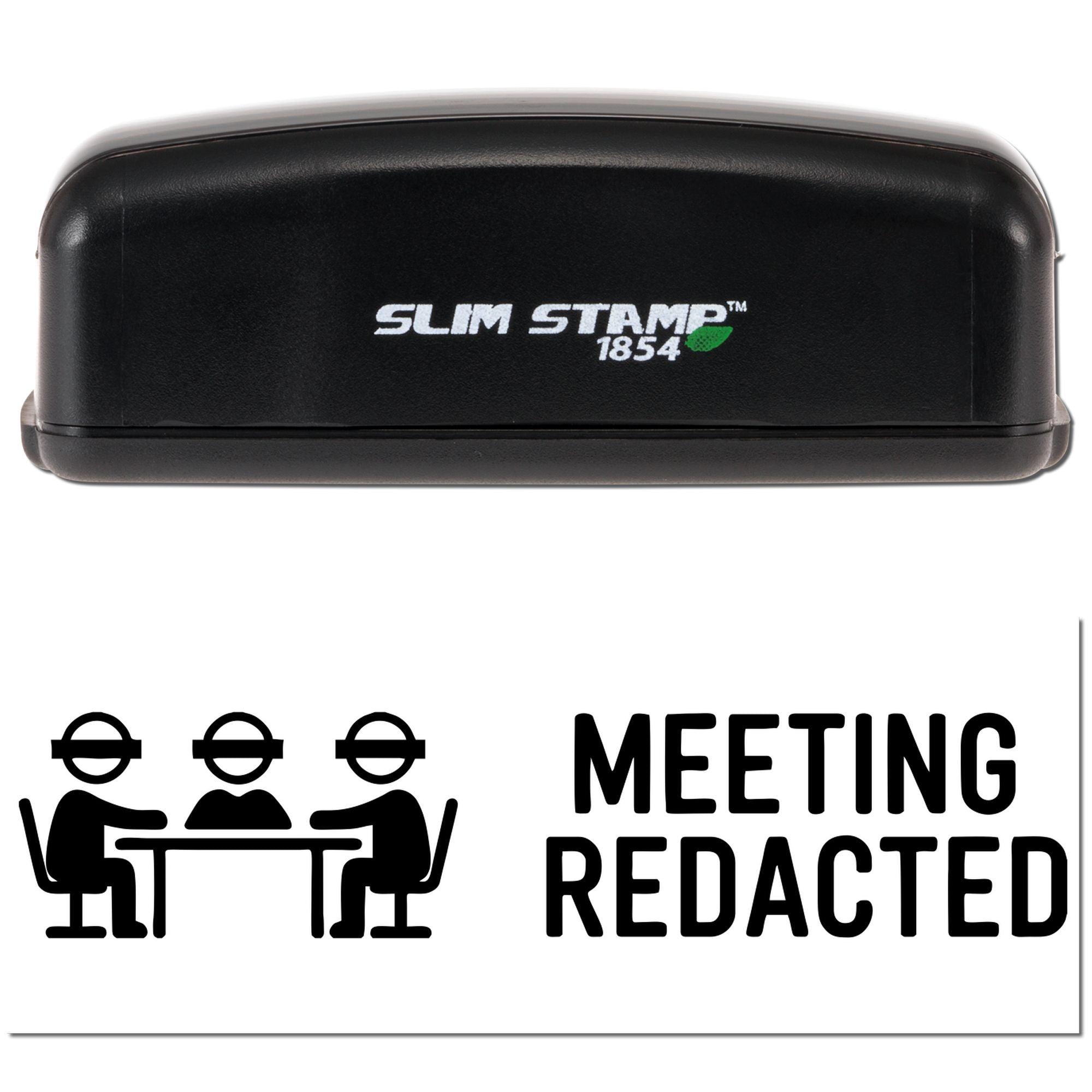 Black Slim Stamp 1854 self-inking stamp with green leaf logo and meeting redacted seal graphic on white background