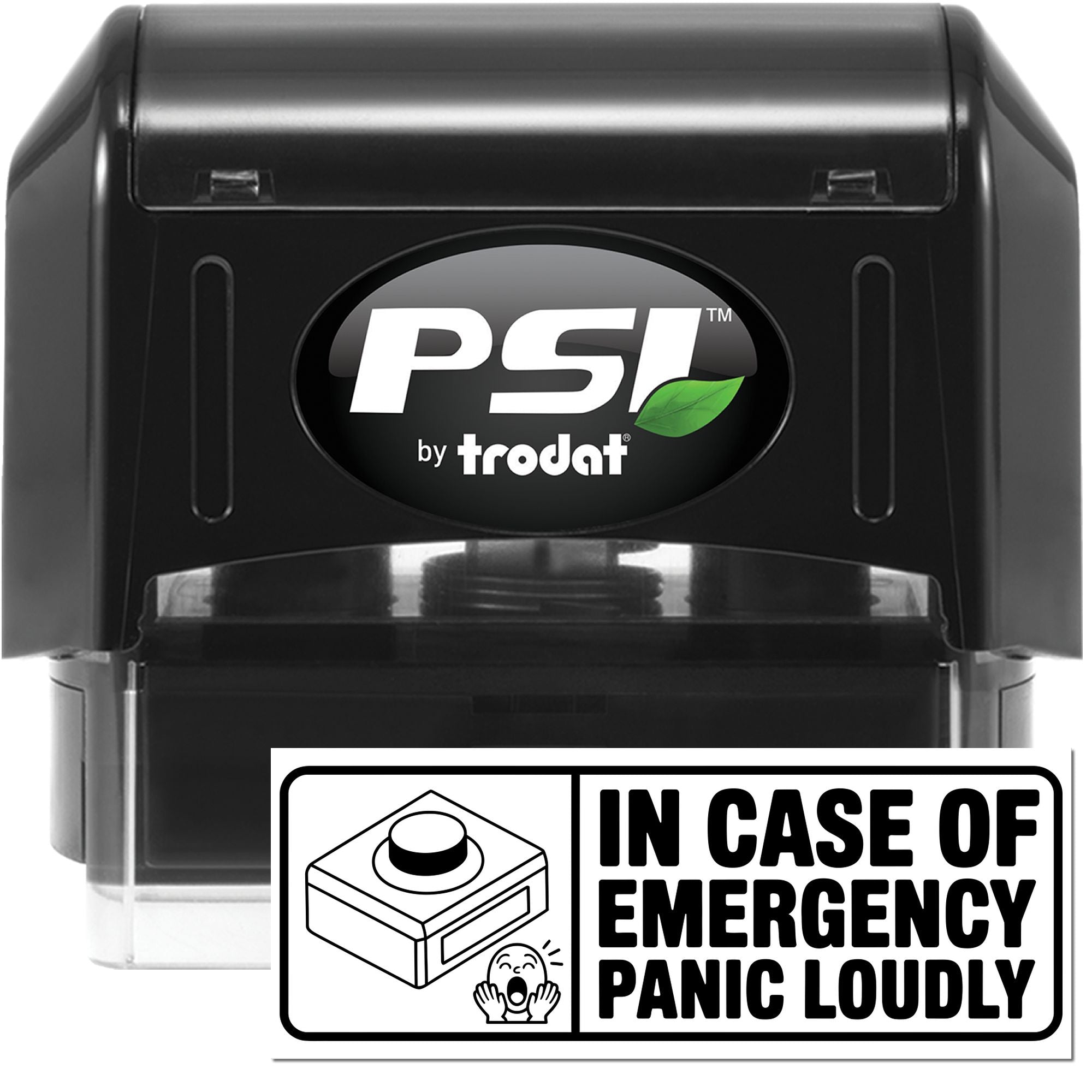 Black PSI by Trodat self-inking stamp and seal kit with emergency In Case of Emergency Panic Loudly design.