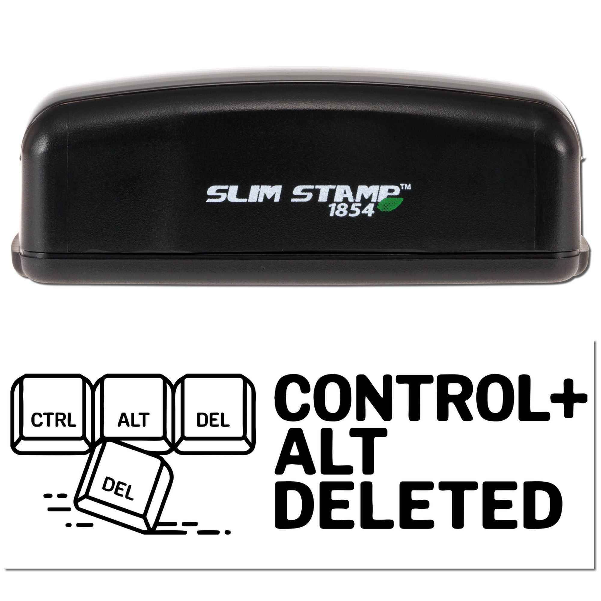 Black Slim Stamp 1854 custom stamp and seal with CTRL+ALT+DELETED keyboard key design on white background