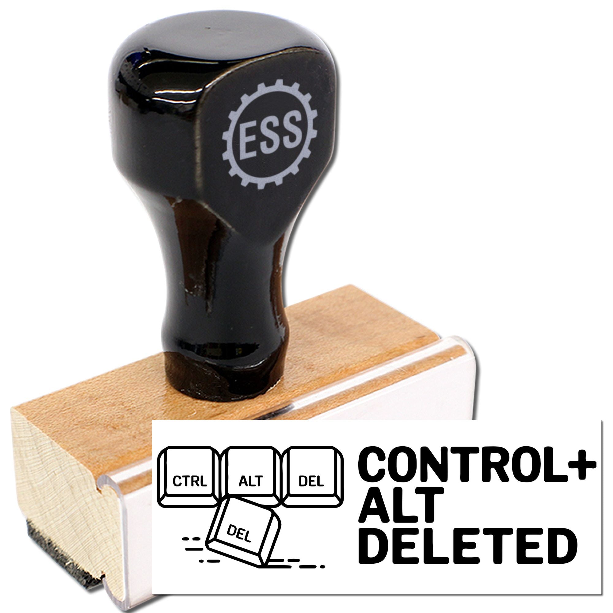 Black rubber stamp with white ESS gear logo on wood base, beside a white CONTROL+ALT+DELETED seal.