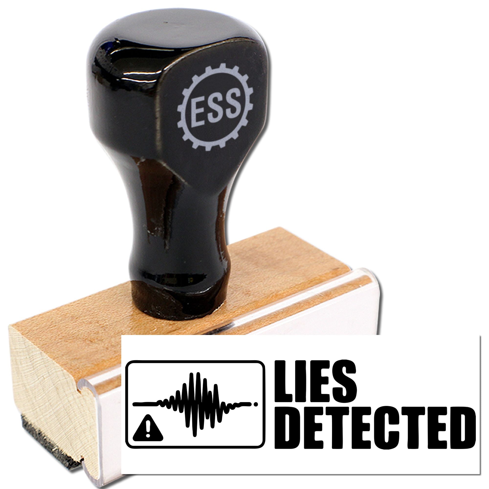 Black rubber stamp with tan wooden base and white seal reading LIES DETECTED with gear-style logo.