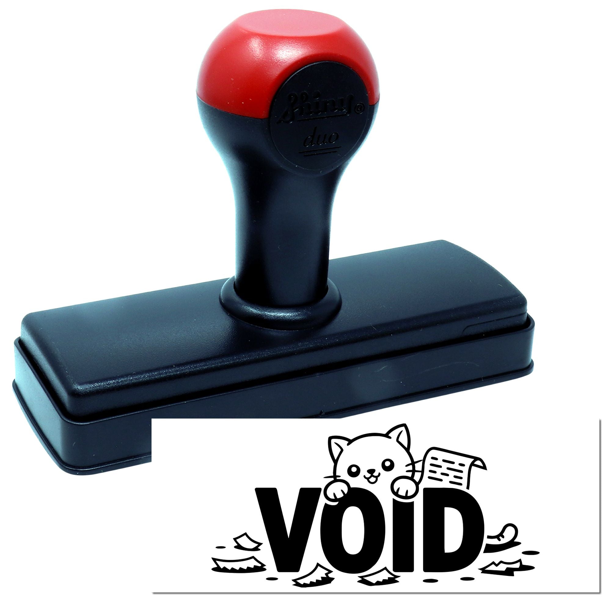 Red-and-black self-inking stamp with rectangular base and a VOID seal design.