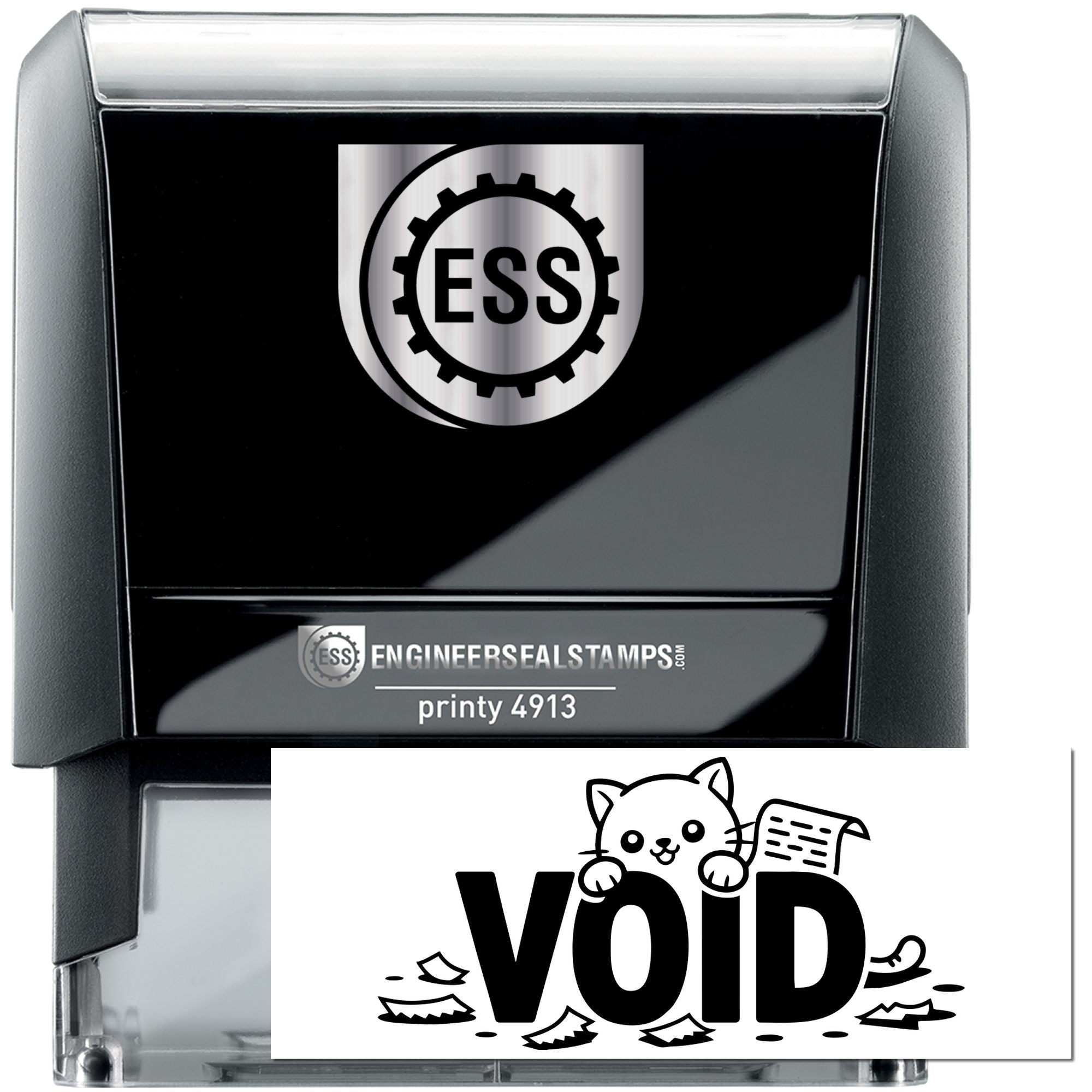 Black and silver ESS self-inking stamp with a white VOID security seal insert and cat graphic