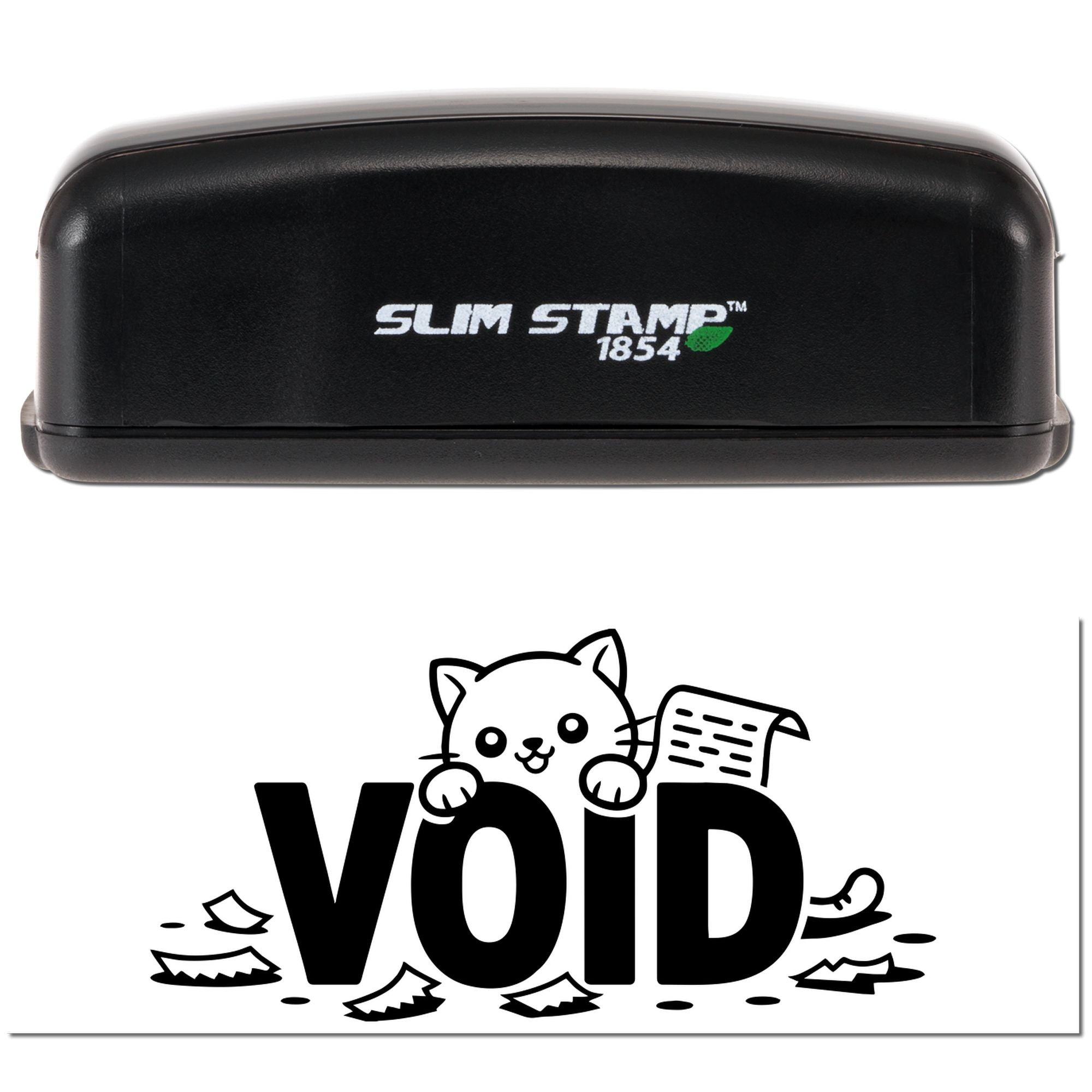 Black Slim Stamp 1854 self-inking stamp with white logo and green accent, plus a bold VOID seal design with cartoon cat.