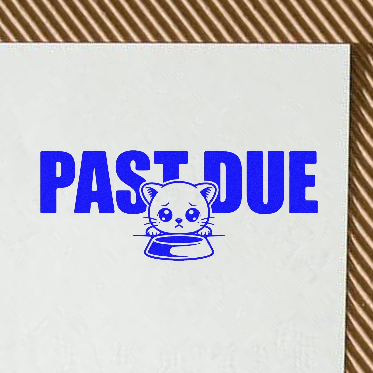 Blue PAS DUE stamp and seal design with a sad cat over a bowl on a white background.