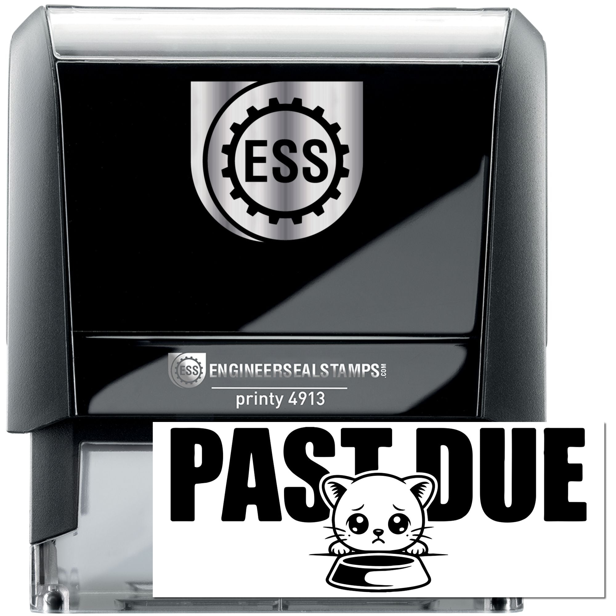Black self-inking ESS stamp and seal with silver accents, showing an engineer seal logo and Past Due design.
