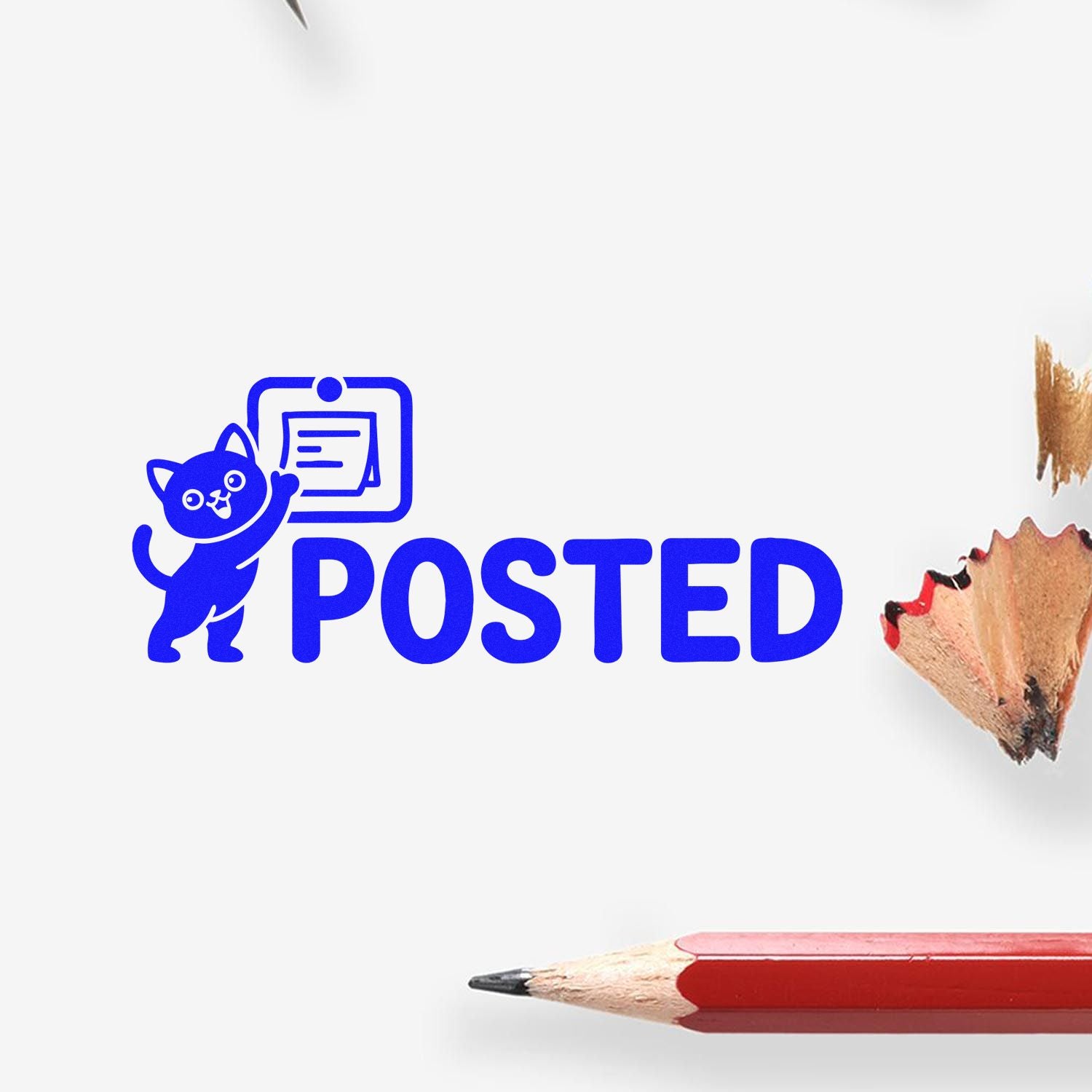 Blue POSTED rubber stamp with cat and document icon, beside a red pencil on white background.