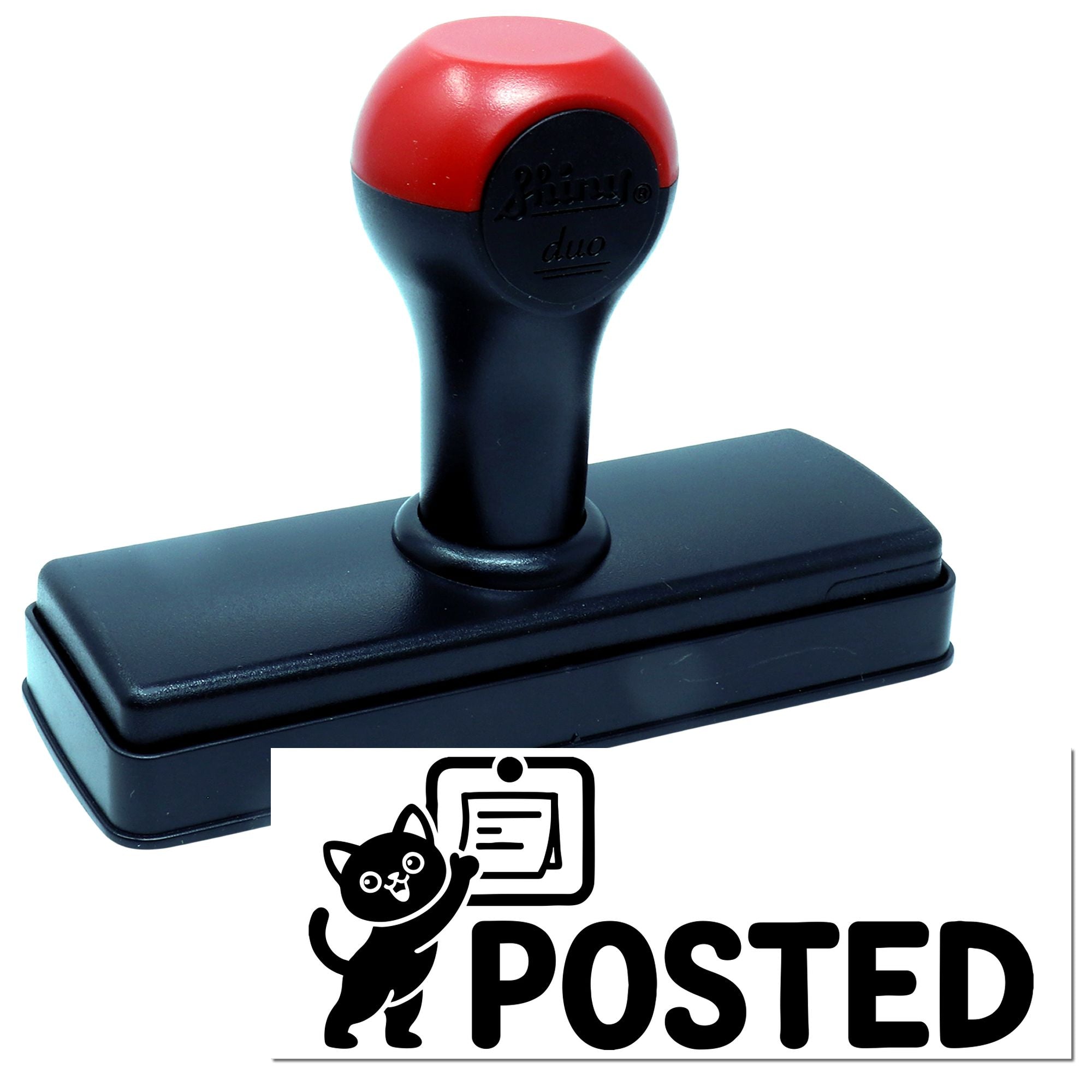 Red-and-black self-inking stamp and seal with black base and POSTED logo