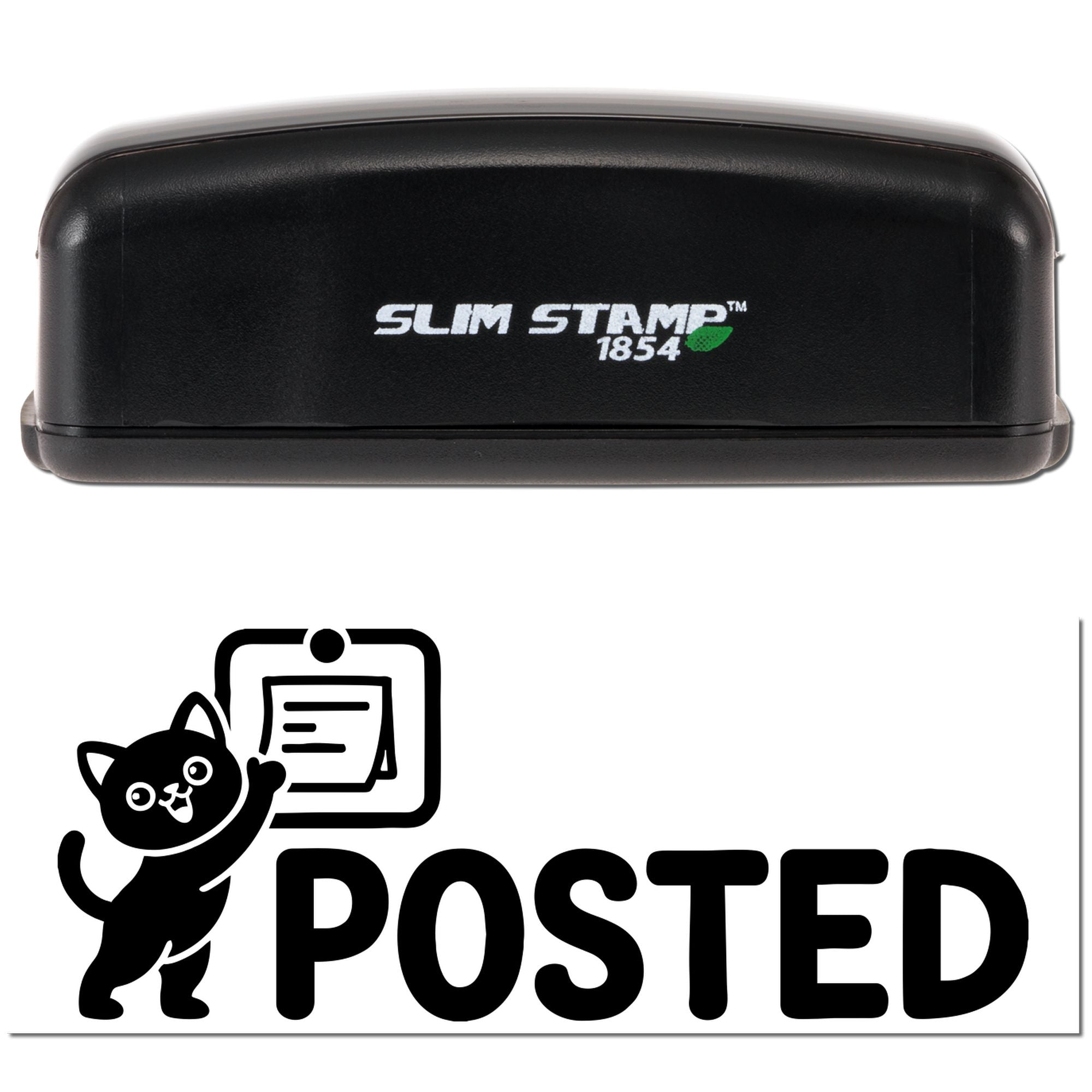 Black Slim Stamp 1854 self-inking stamp and Posted seal with cat icon, white text, and green leaf accent on white background.