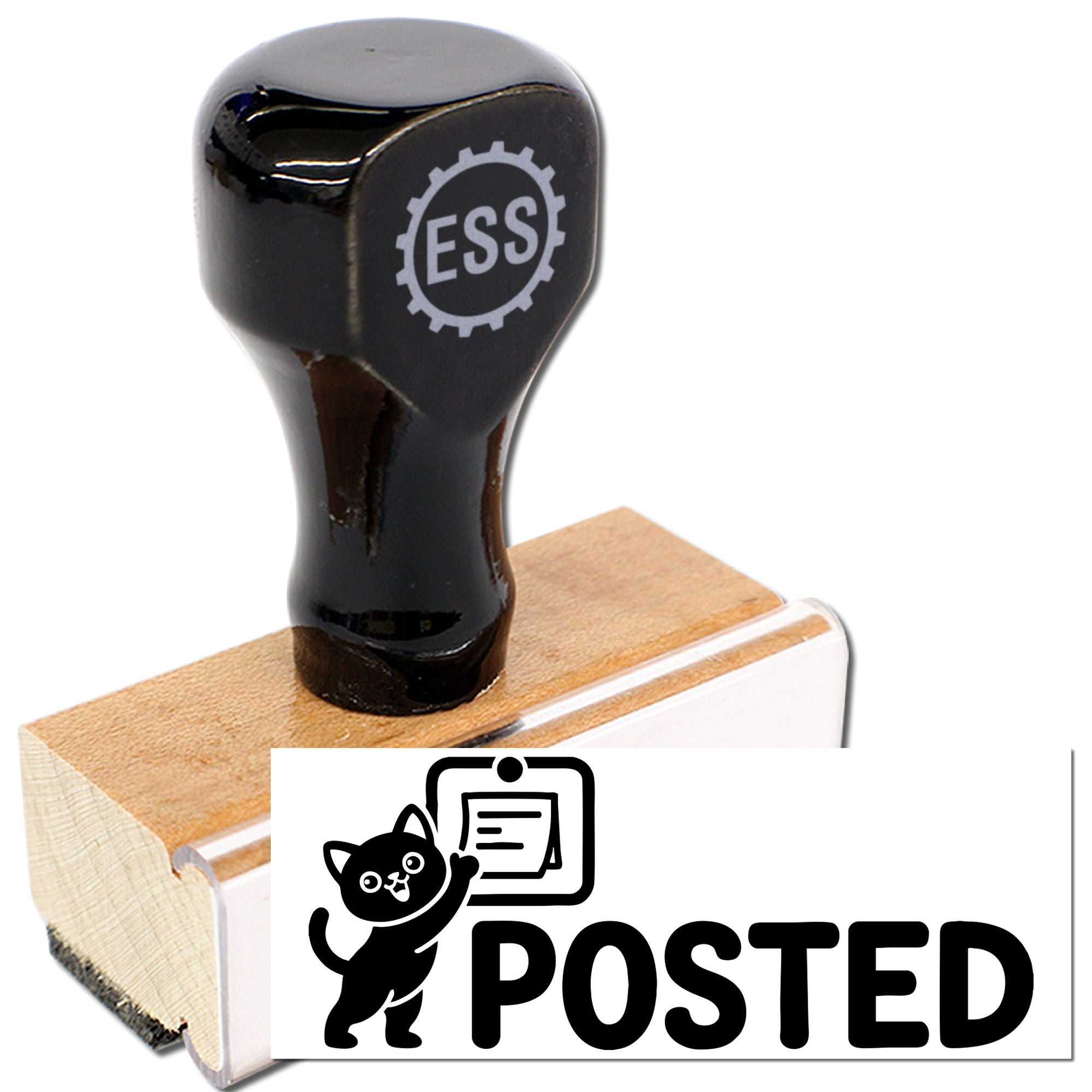Black rubber stamp with tan wooden base and white POSTED seal graphic, cat icon