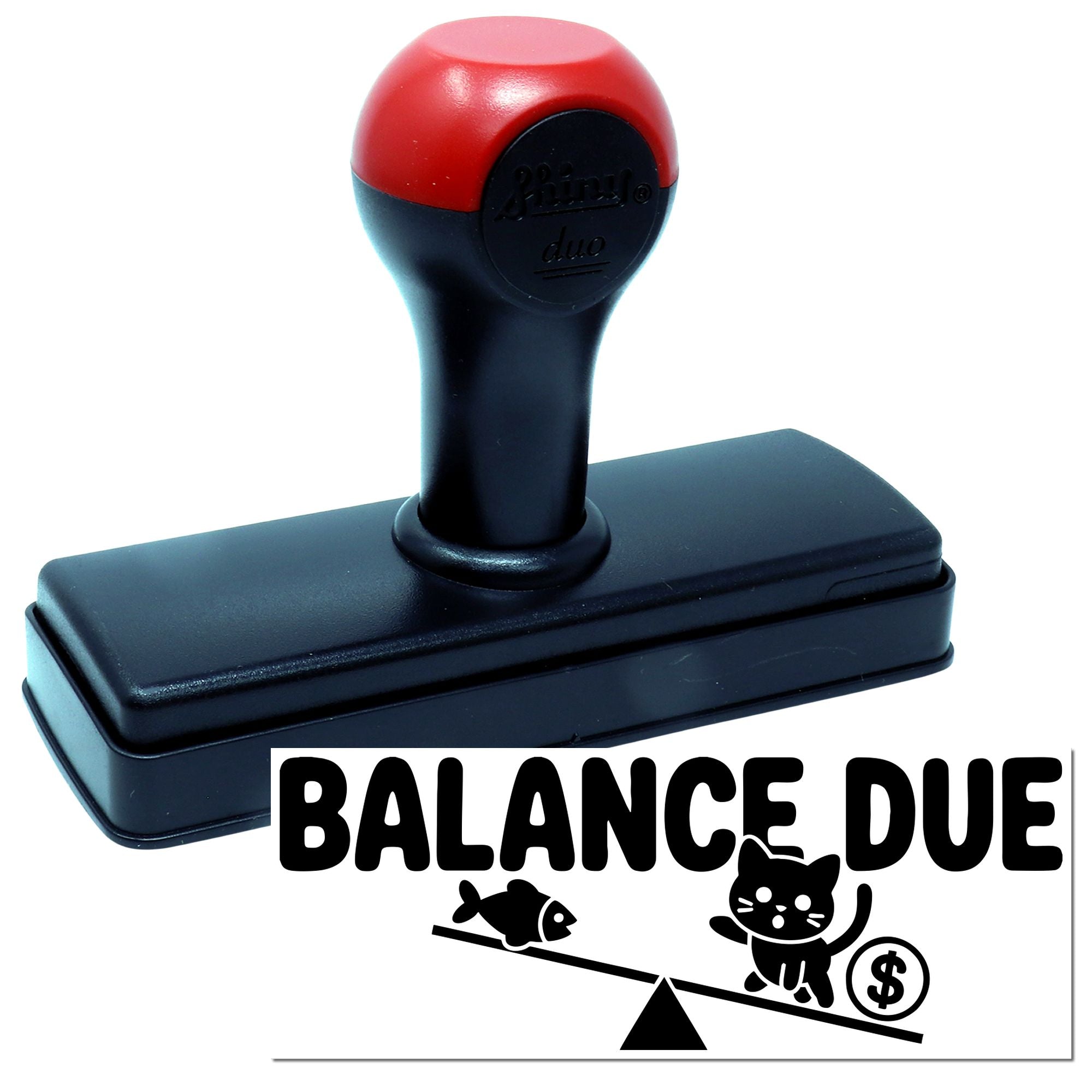 Red and black Balance Due self-inking stamp with cat-and-fish graphic on white background.