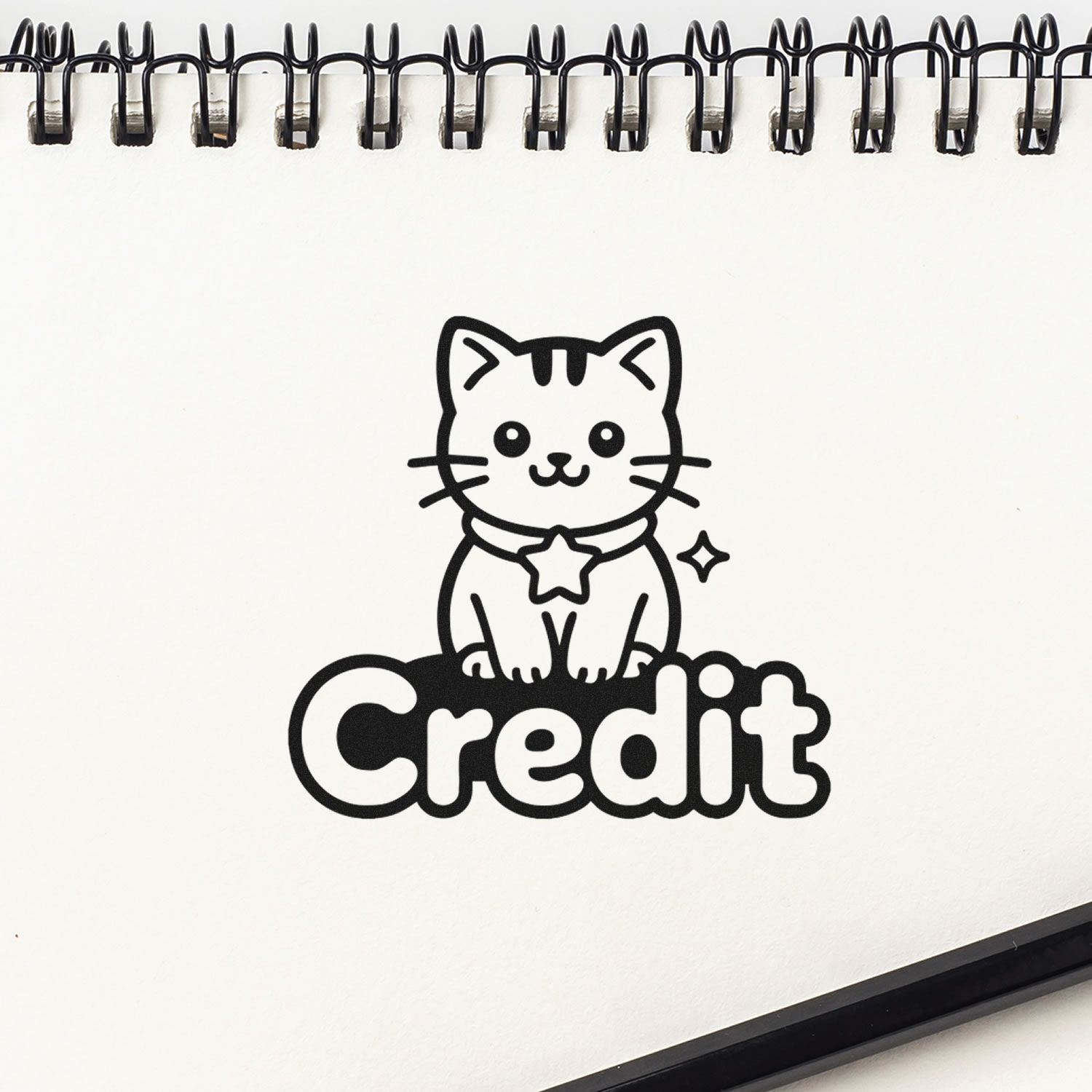 Cute black cat credit stamp and seal design on a white spiral notebook page, with bold lettering and a star accent.