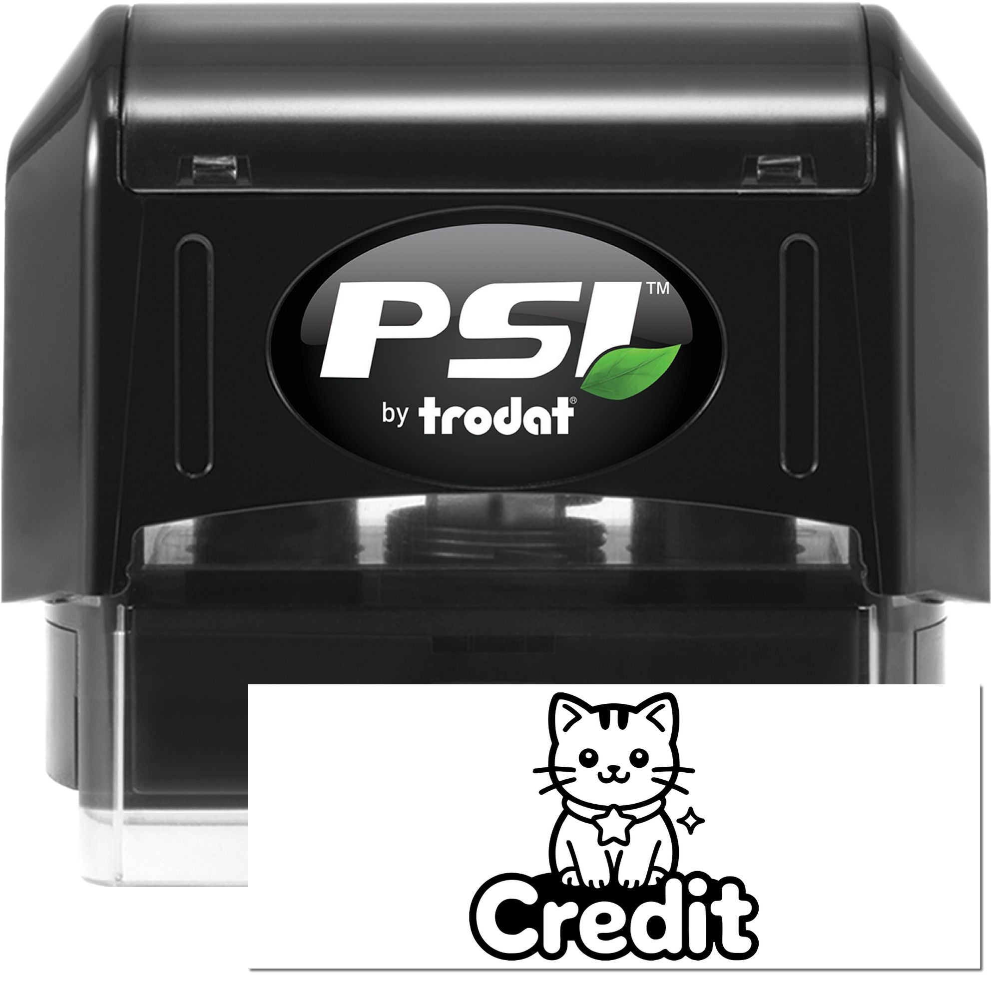 Black PSI by Trodat self-inking stamp with clear base and white credit seal card featuring a black cat logo.