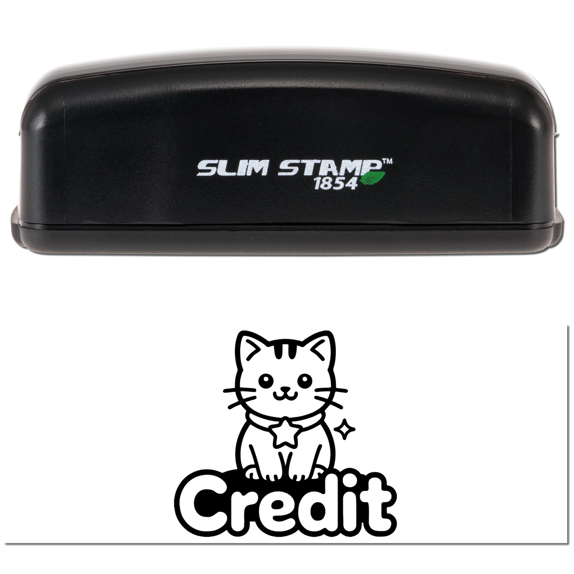 Black Slim Stamp 1854 self-inking stamp with green leaf logo and cat Credit seal design on white background.