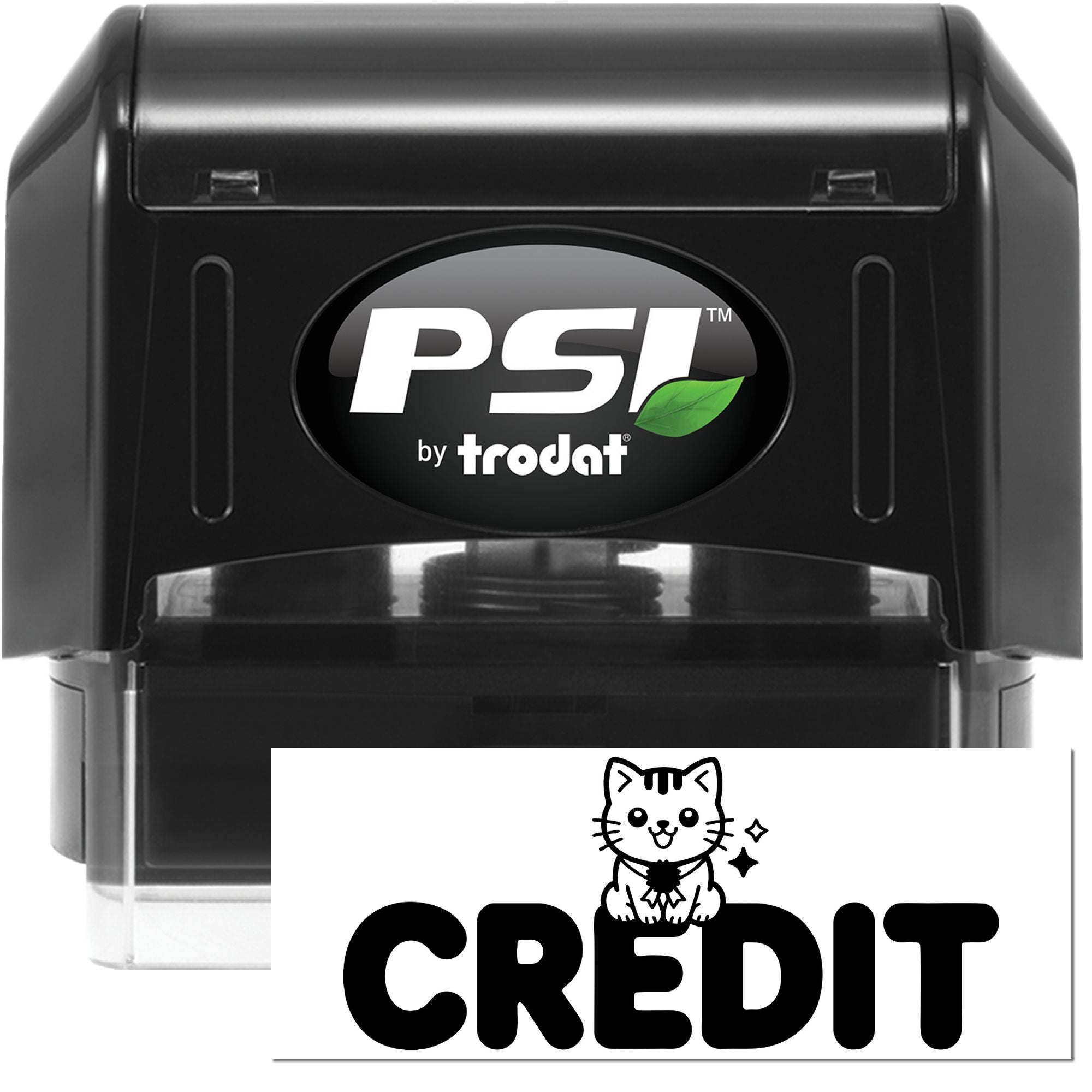 Black PSI by Trodat self-inking stamp with white custom CREDIT seal featuring a cat graphic