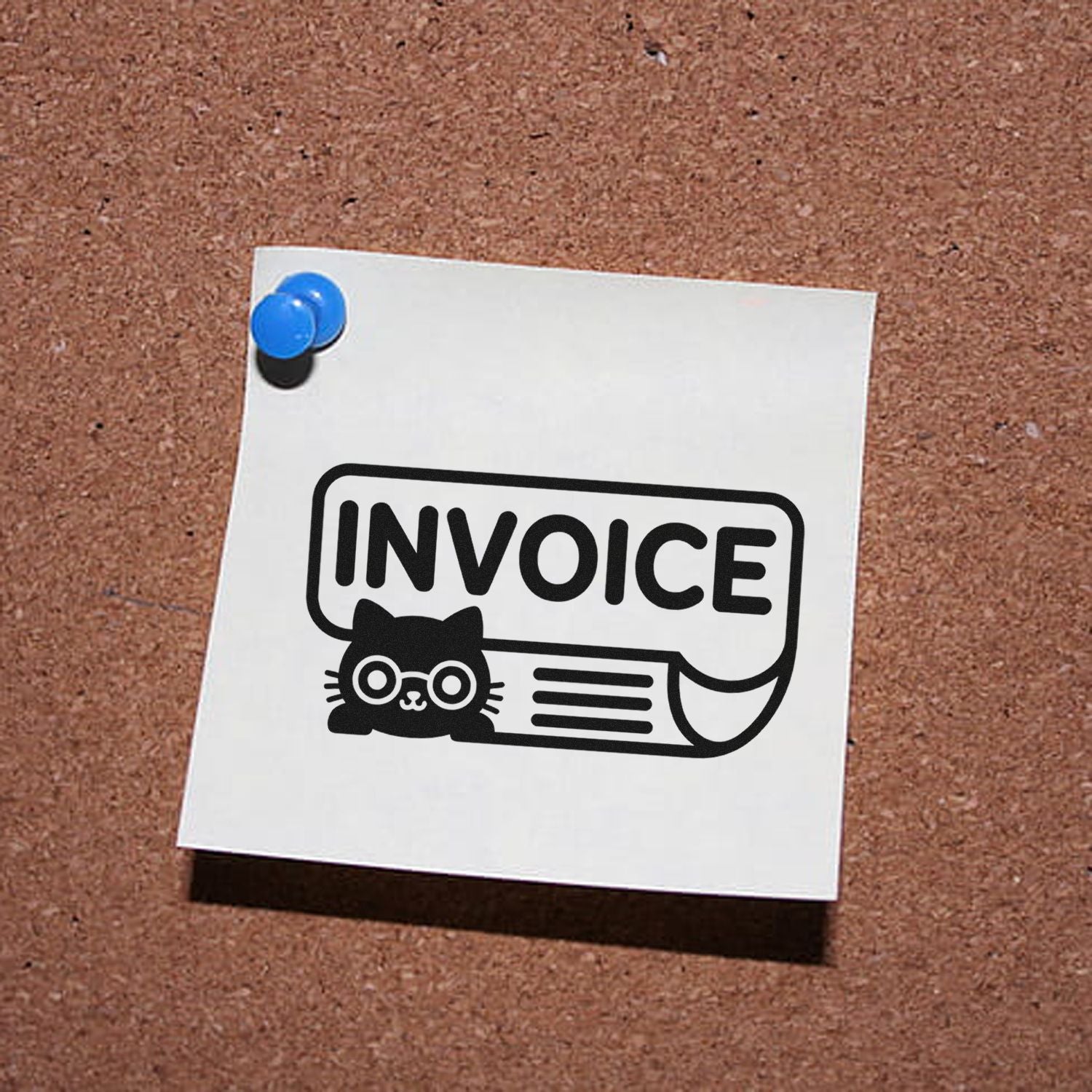 Black invoice stamp and seal design with cat icon on a white note, pinned by blue pushpins on a corkboard