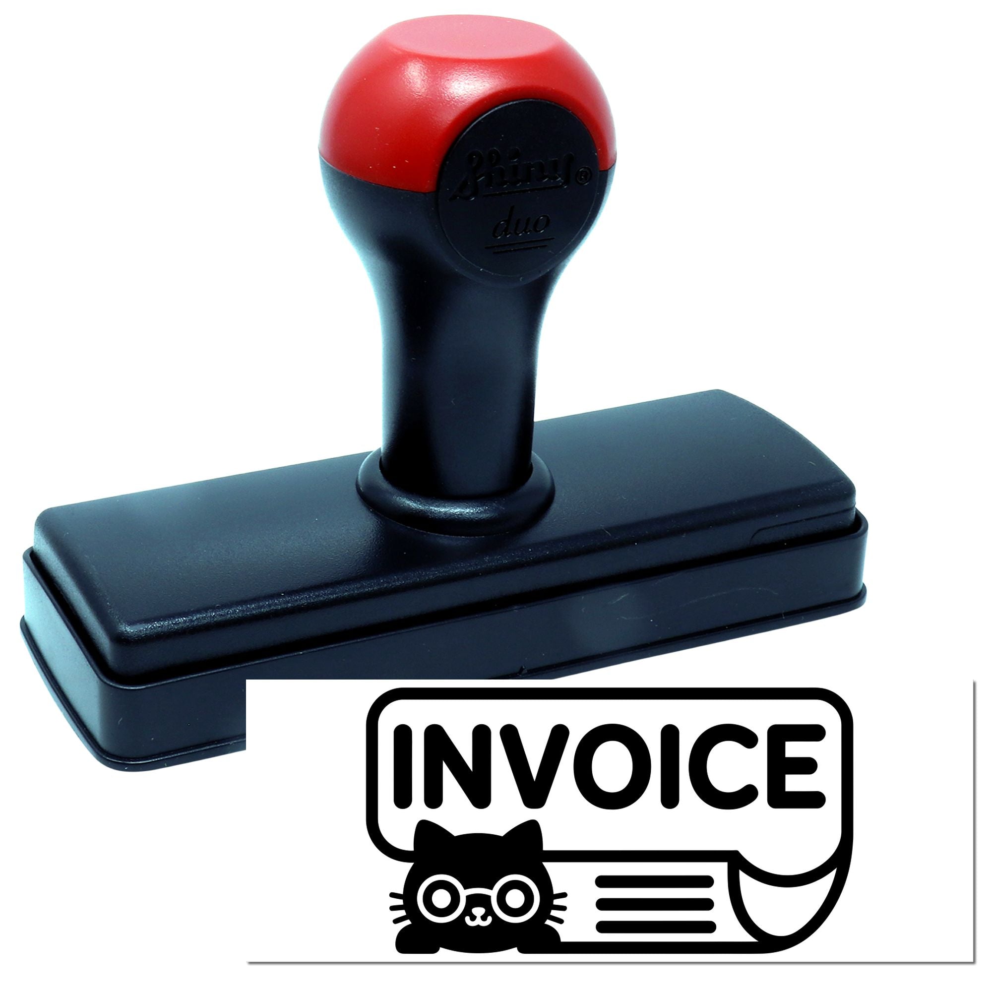 Red and black self-inking invoice stamp and seal with rectangular imprint and cat logo