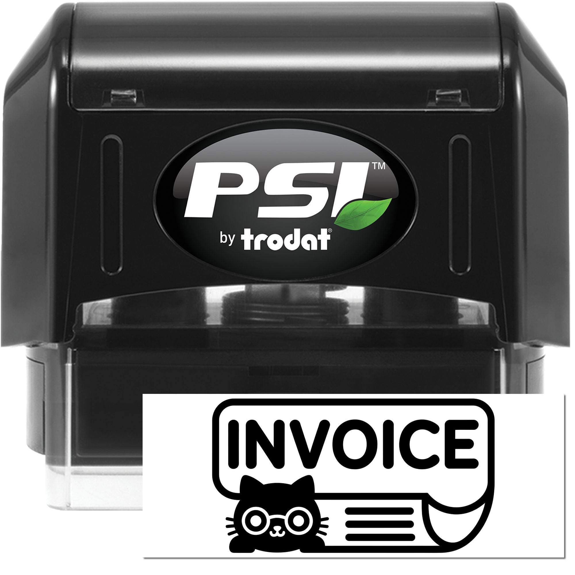 Black PSI by Trodat self-inking stamp and invoice seal with white lettering, green leaf logo, and cat icon.
