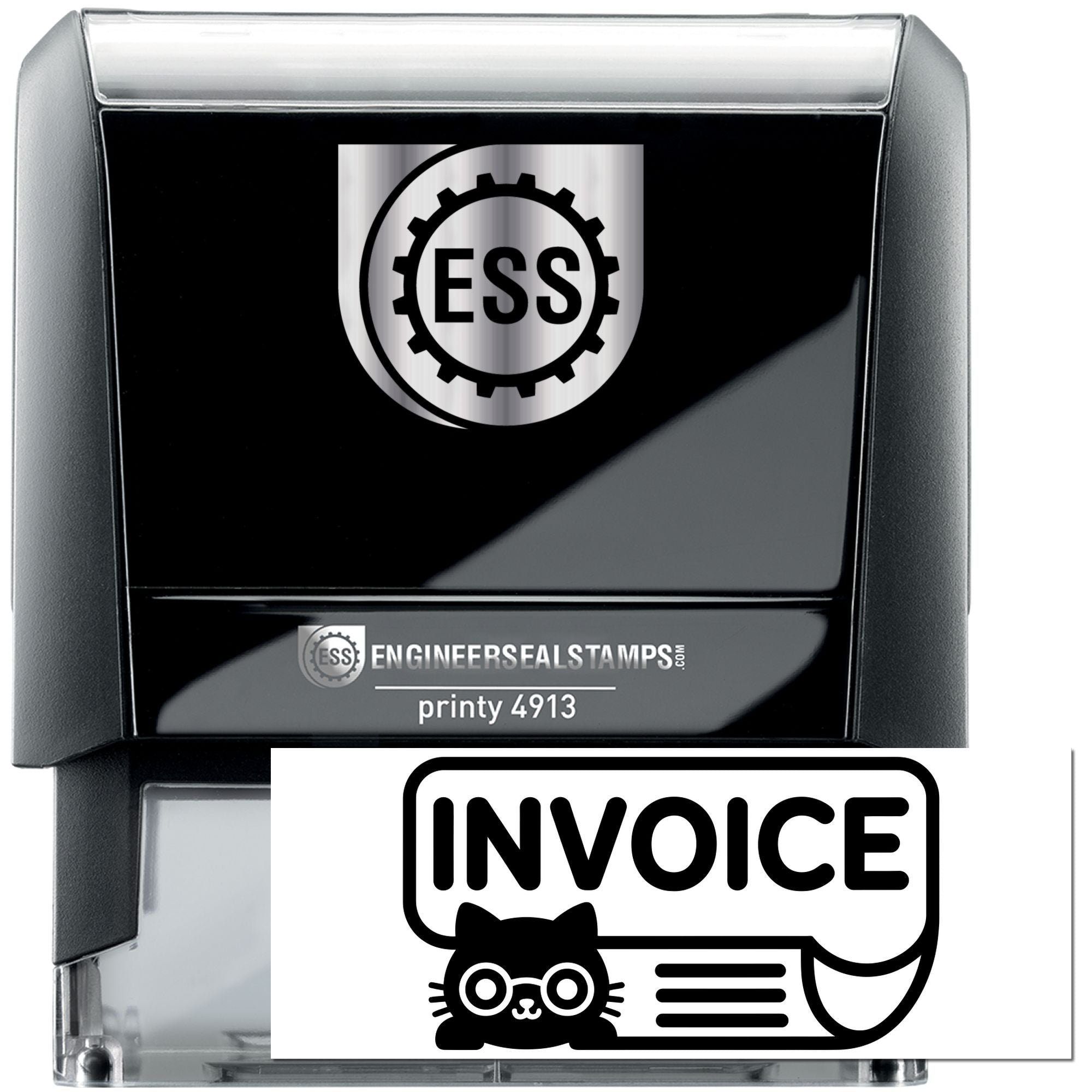 Black self-inking ESS engineer seal stamp with silver accents and an invoice label graphic.