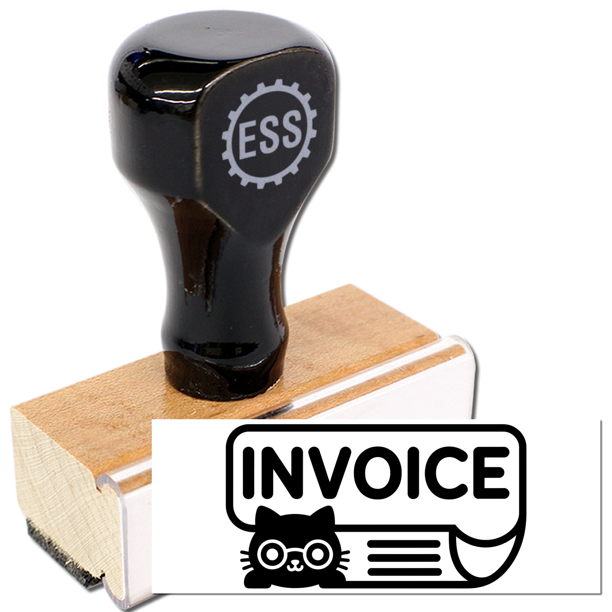 Black self-inking rubber stamp with ESS logo on wooden base, paired with white invoice seal label and cat icon.
