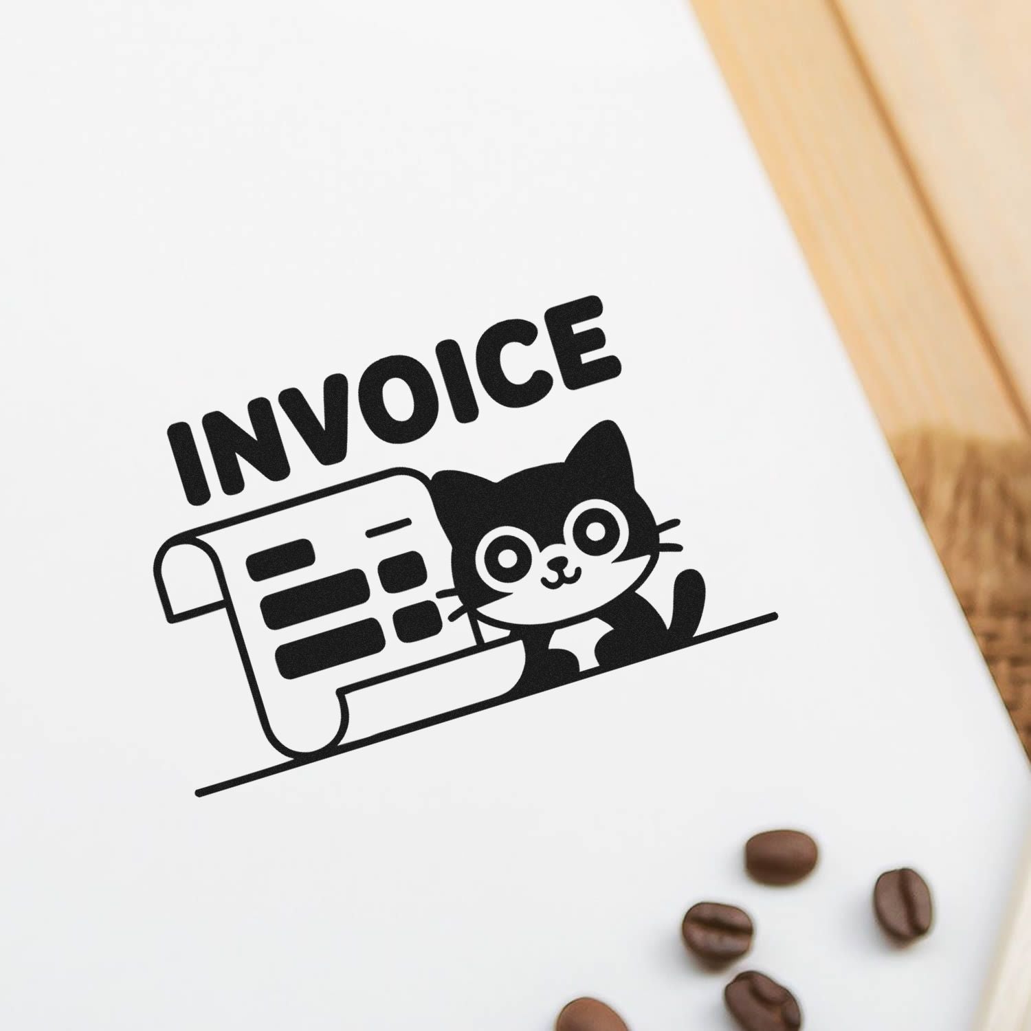 Black invoice cat stamp seal on white paper, with coffee beans and warm wood accents.
