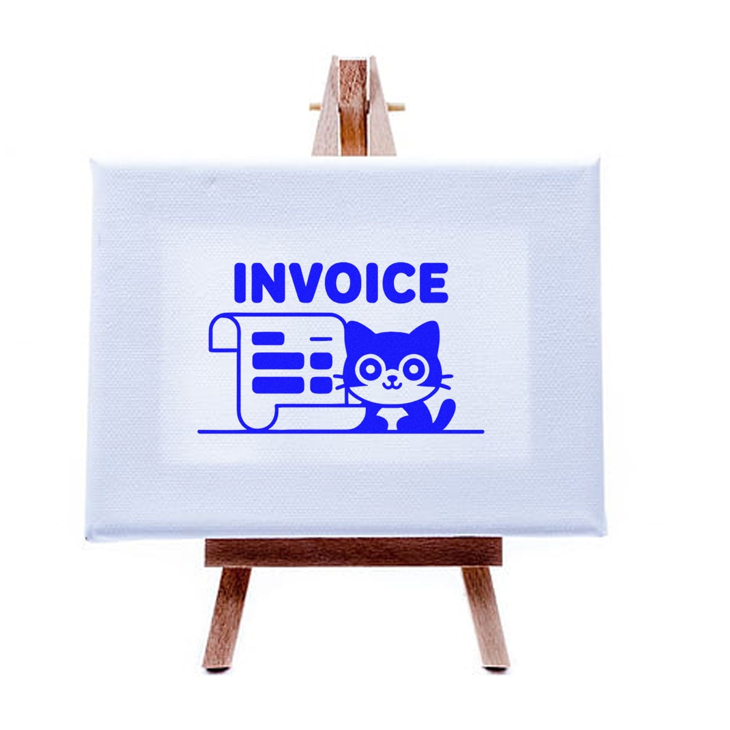 Blue invoice stamp and seal design with cat icon on a white canvas easel