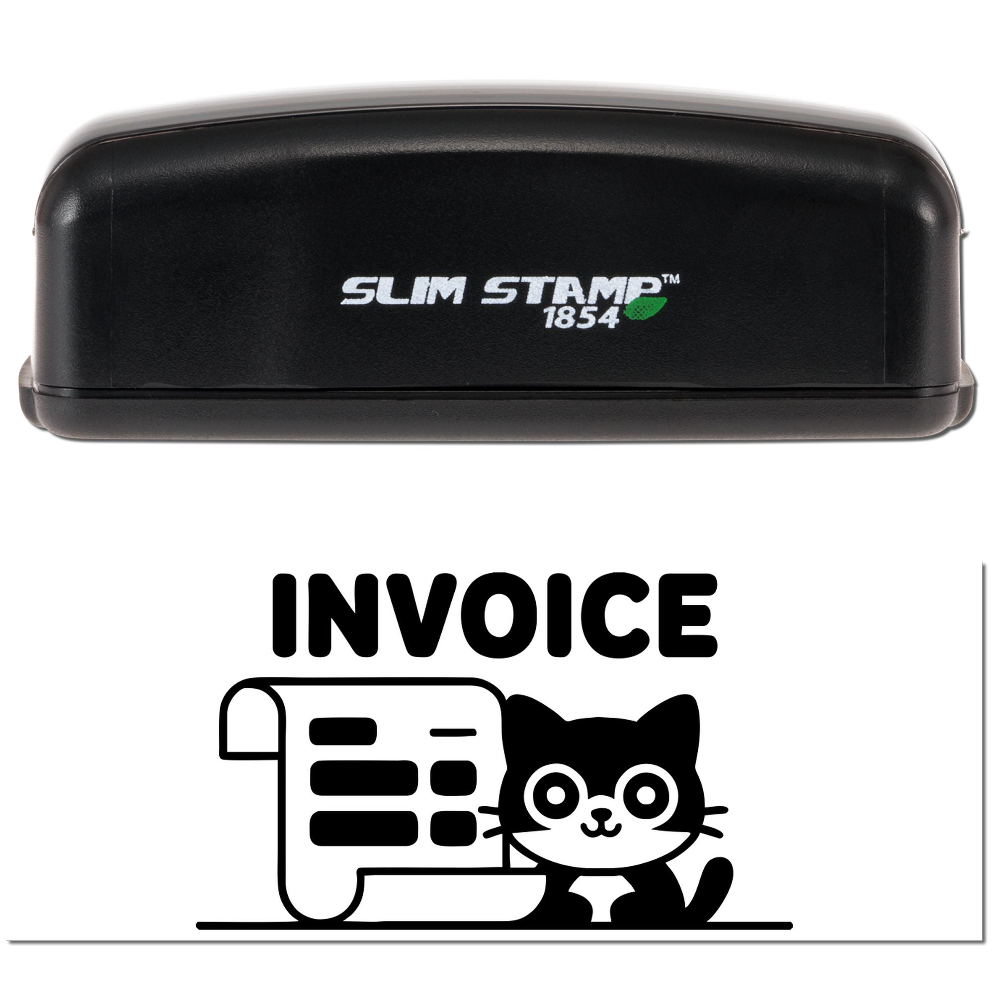 Black Slim Stamp 1854 self-inking stamp with white invoice cat design on a white background.