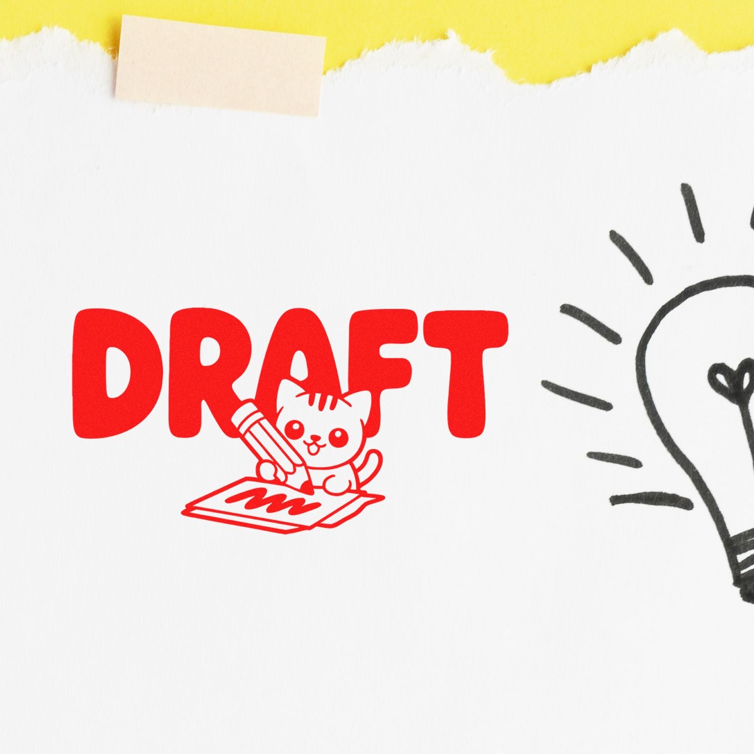 Red DRAFT stamp seal with cartoon cat holding a pencil, on white paper with yellow torn edge and black doodle accent.