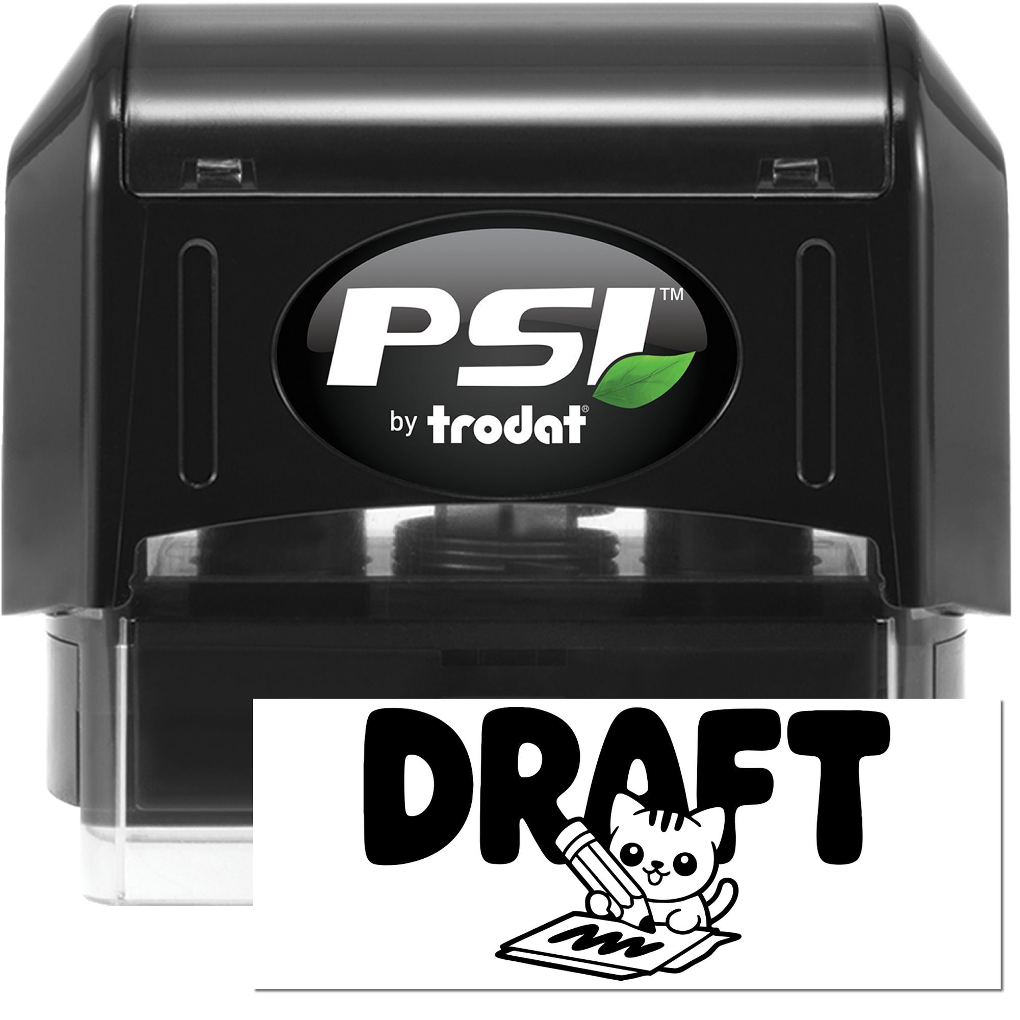 Black PSI by Trodat self-inking stamp with DRAFT seal and green leaf logo