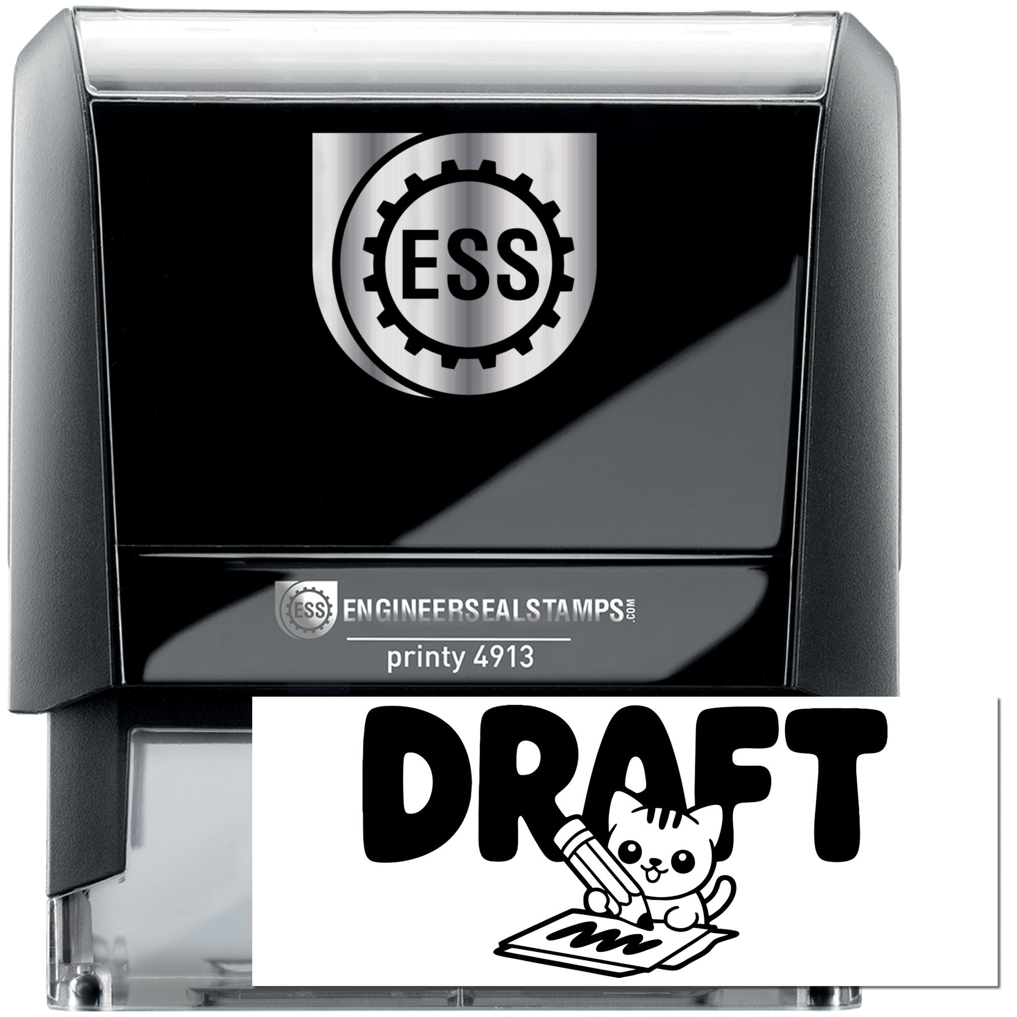 Black and gray self-inking ESS engineer seal stamp, Printy 4913, with DRAFT imprint display.