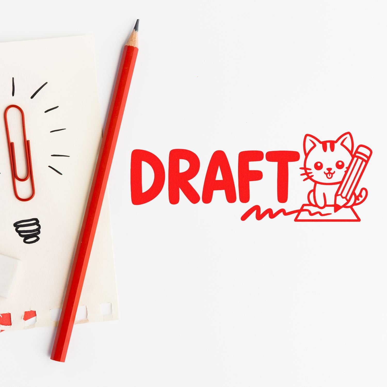 Red draft stamp and seal design with cat holding a pencil, plus red pencil and paper clip on a white sketch page.