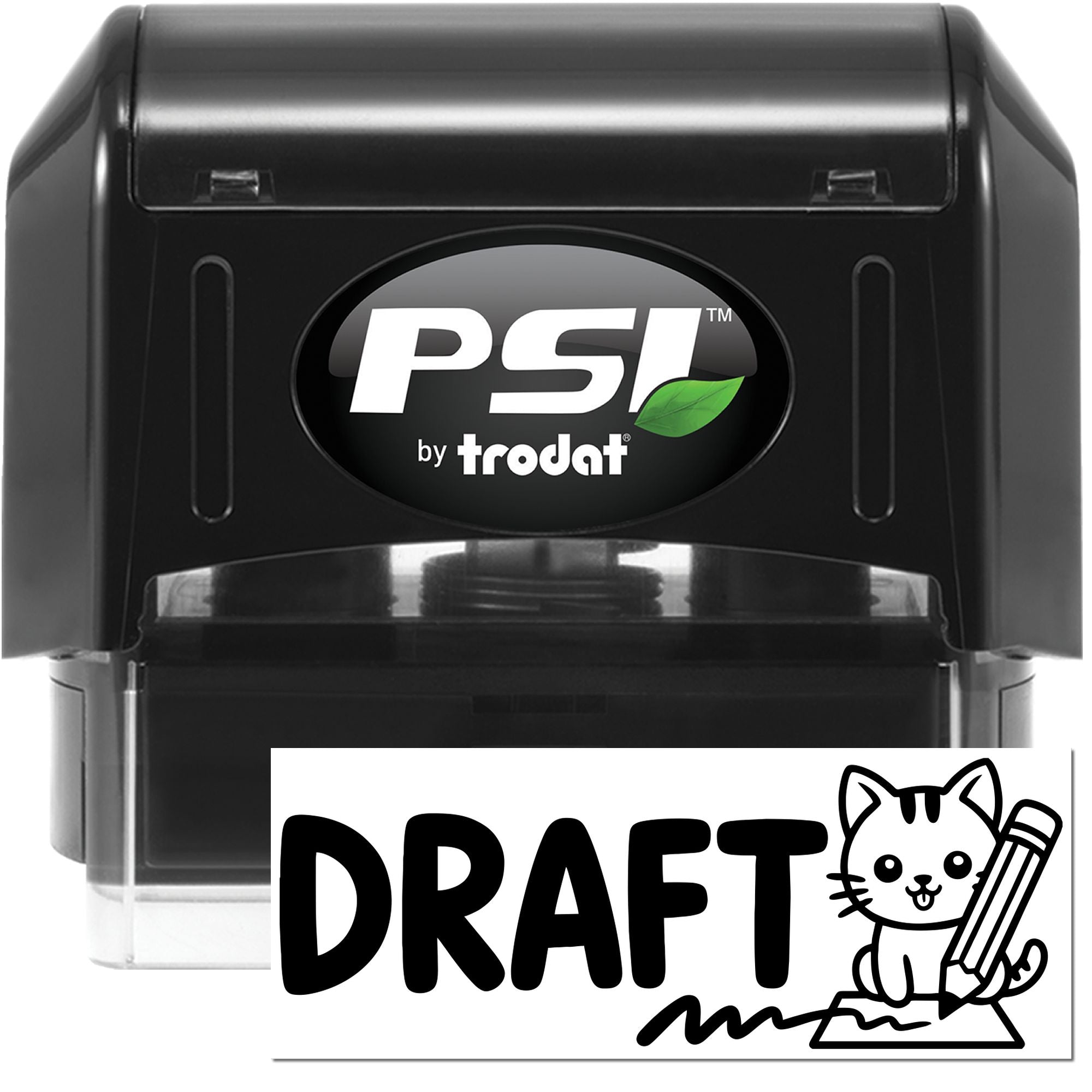 Black PSI by Trodat self-inking stamp and seal with draft label and cat icon