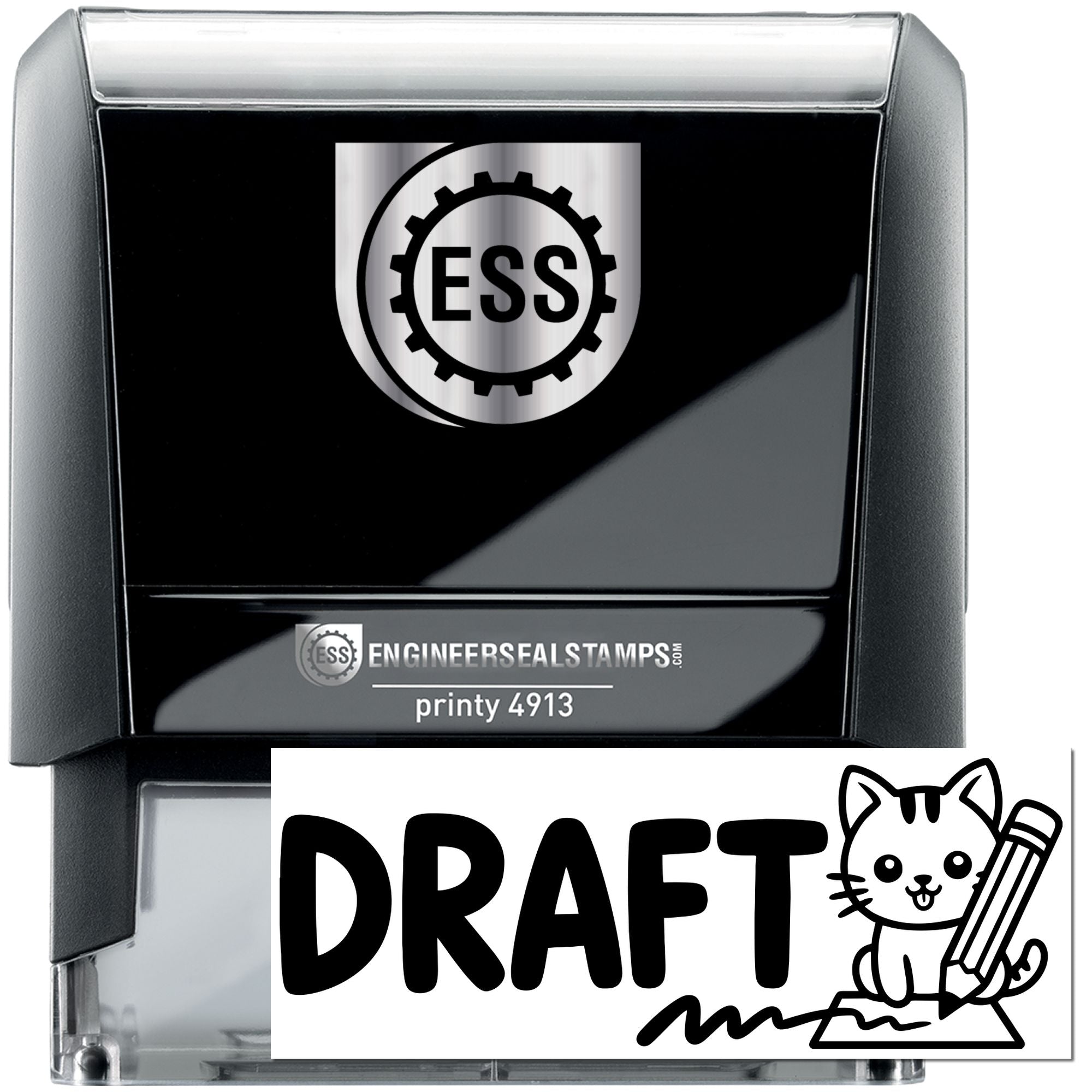 Black self-inking engineer seal stamp with silver top, ESS logo, and bold DRAFT label with a cat and pencil.