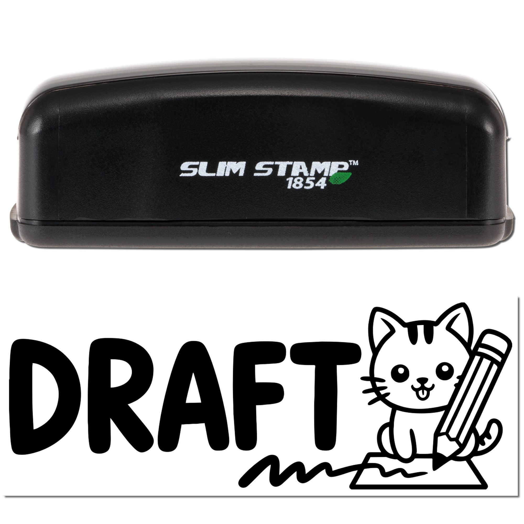Black Slim Stamp 1854 self-inking seal case above bold DRAFT rubber stamp graphic with cat and pencil.