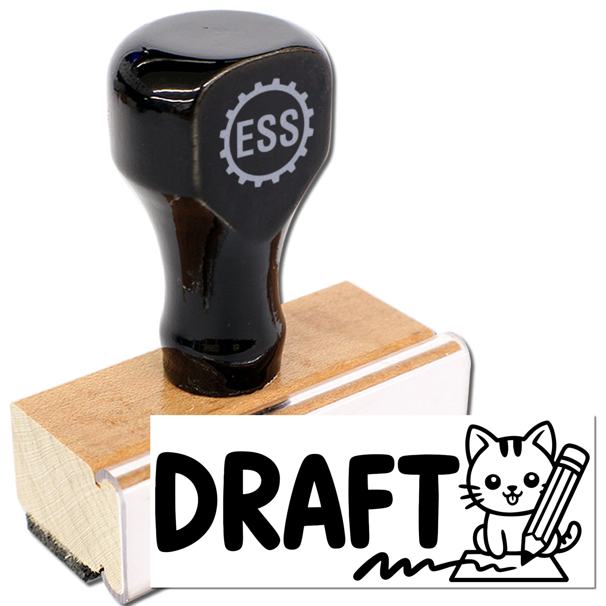Black ESS rubber stamp and seal on wooden base, with bold DRAFT label and cat logo on white background.