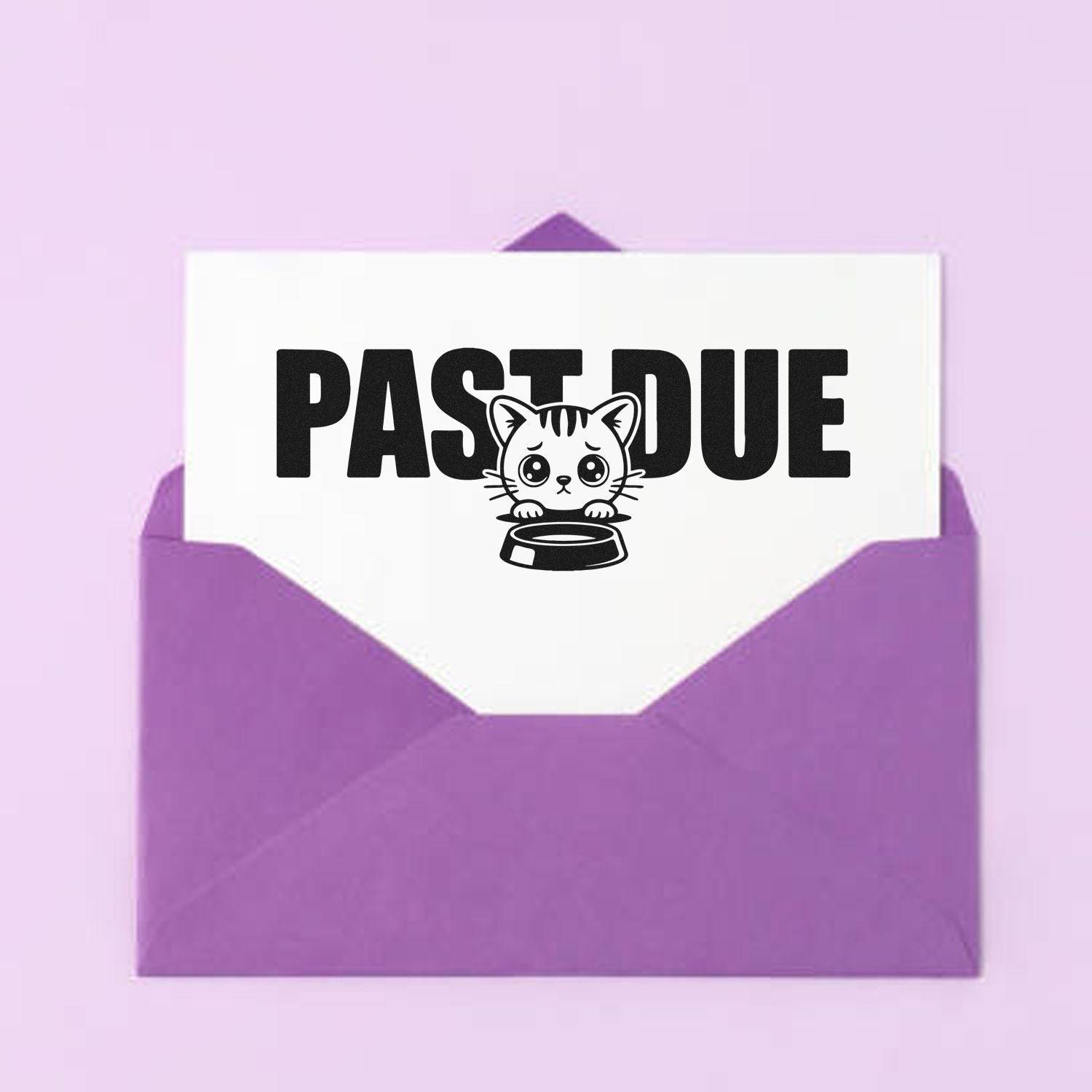 Purple envelope with white insert, black PAST DUE stamp, and sad cat seal design on lavender background.