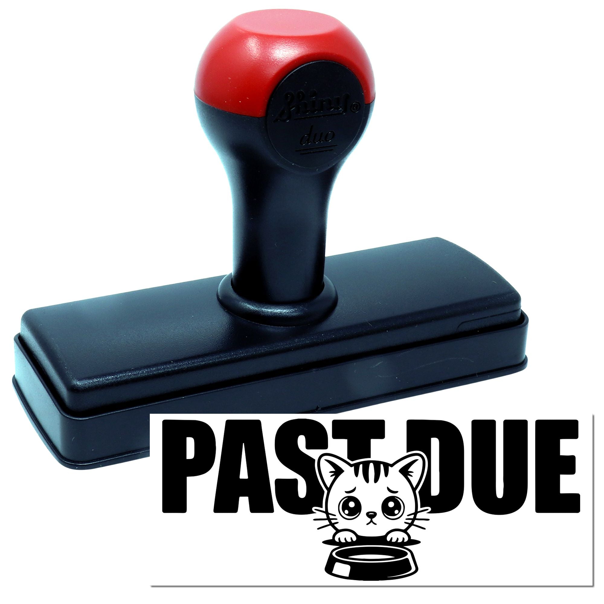 Red and black self-inking stamp and seal with PAST DUE text and cat graphic on white background