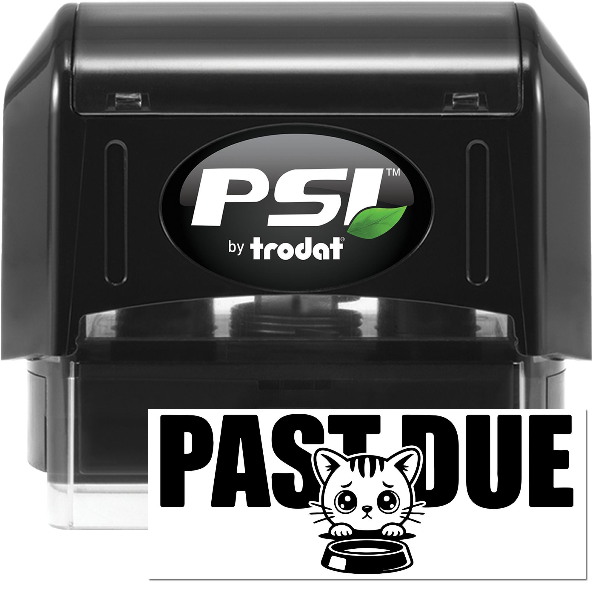 Black PSI by Trodat self-inking stamp with white Past Due cat seal design on a white background.