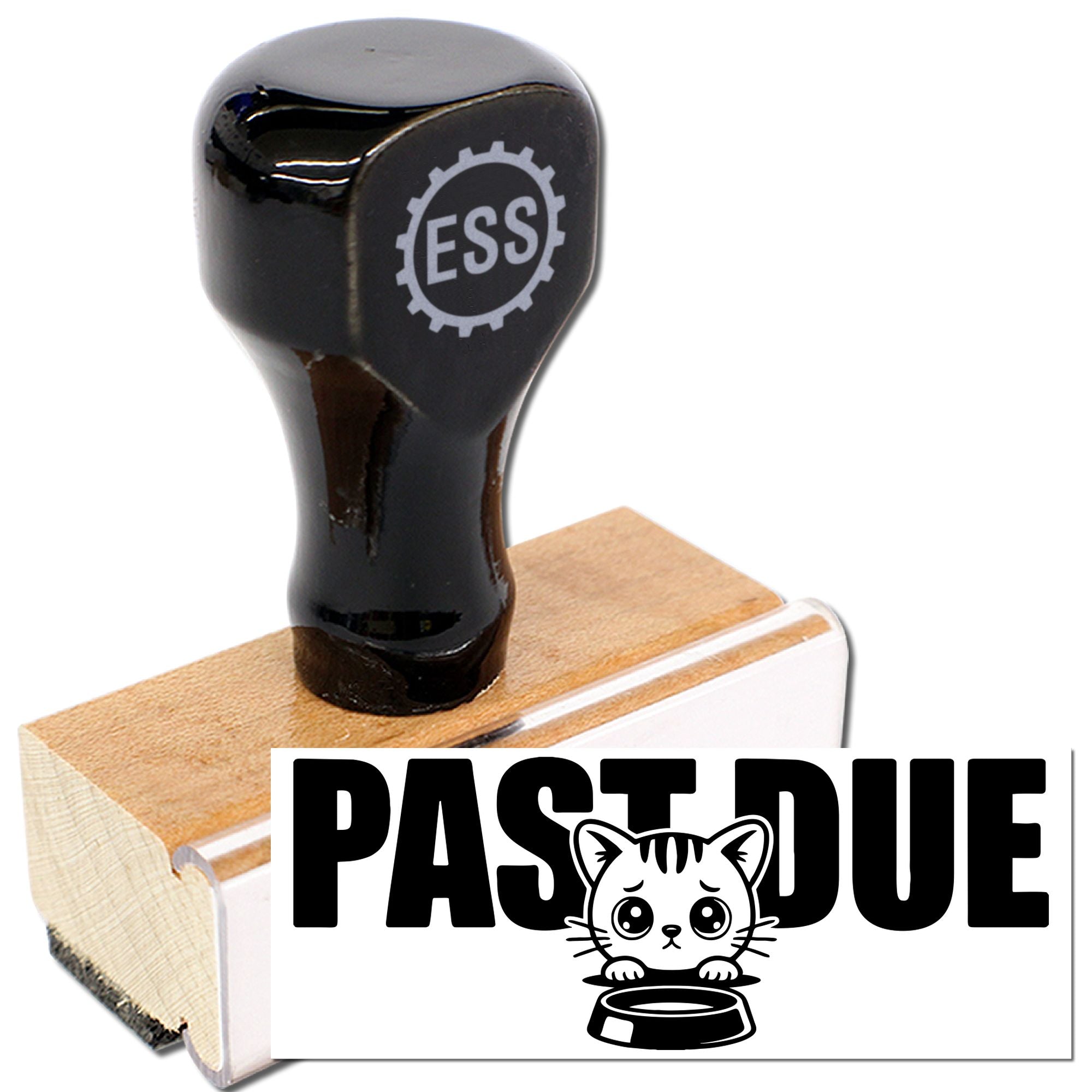 Black ESS stamp and seal on wooden base with Past Due cat design on white background.